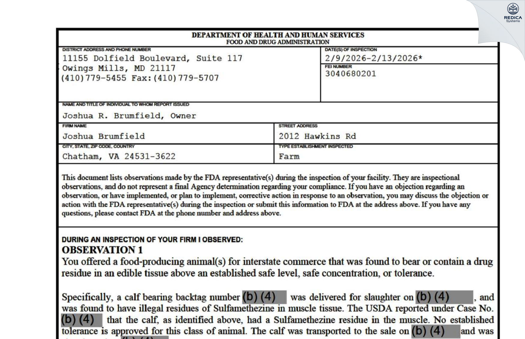 FDA 483 - Joshua Brumfield [Chatham / United States of America] - Download PDF - Redica Systems