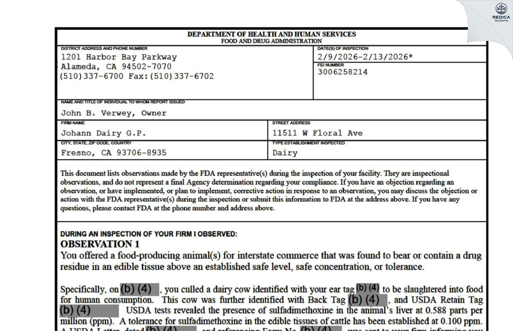 FDA 483 - Johann Dairy [Fresno / United States of America] - Download PDF - Redica Systems