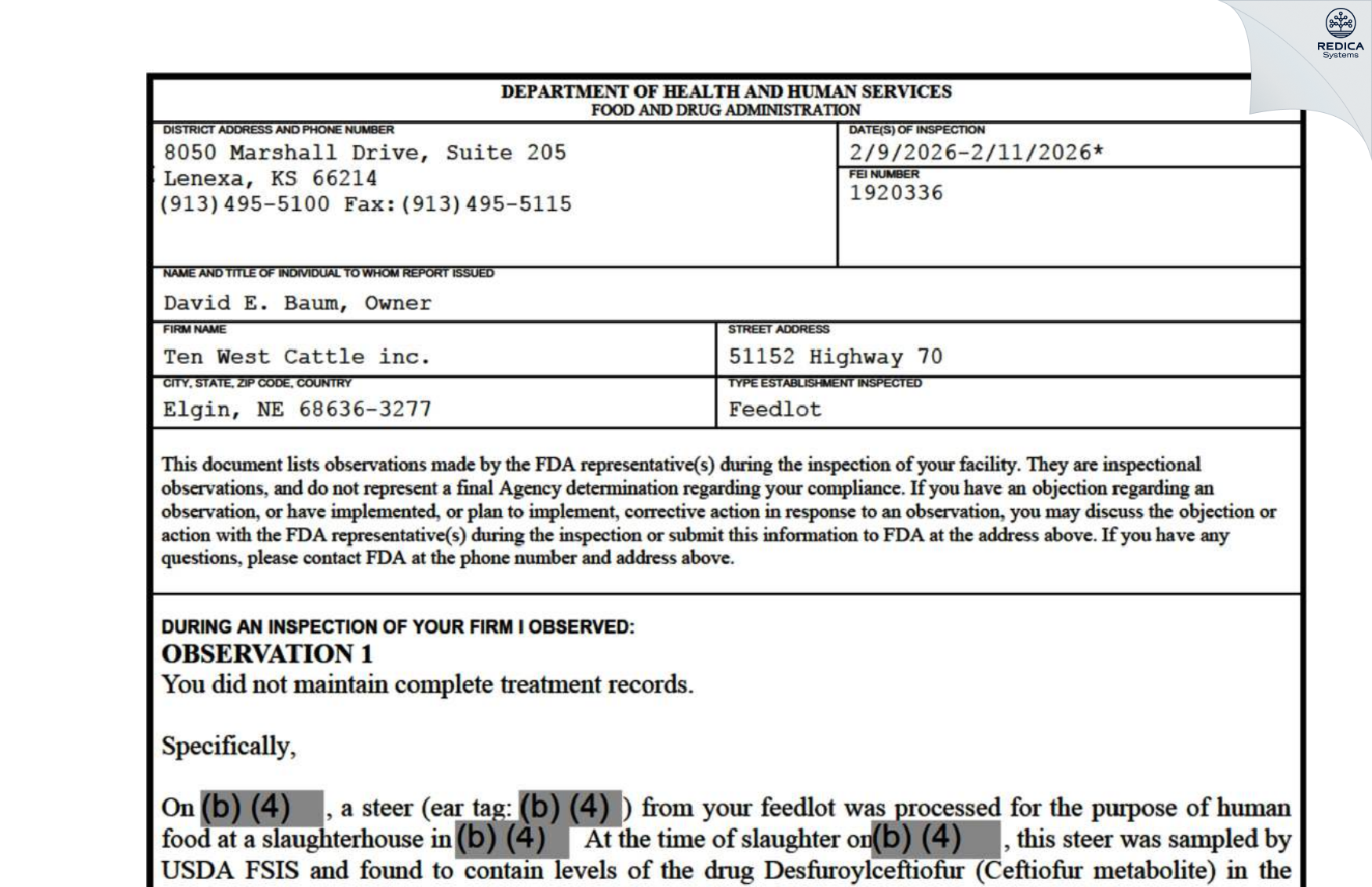 FDA 483 - Ten West Cattle Co. [Elgin / United States of America] - Download PDF - Redica Systems