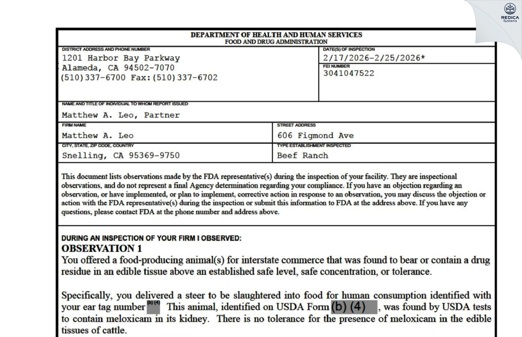FDA 483 - Matthew A. Leo [Snelling / United States of America] - Download PDF - Redica Systems