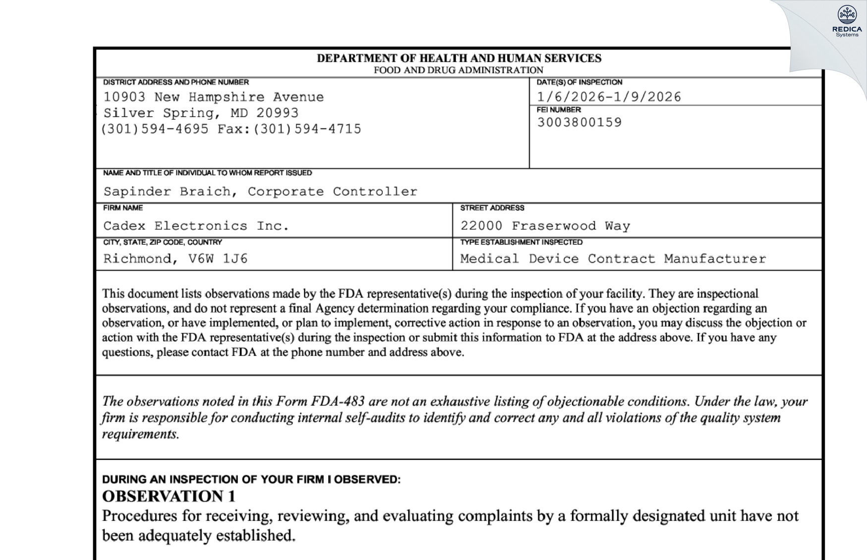 FDA 483 - Cadex Electronics, Inc. [Richmond / Canada] - Download PDF - Redica Systems