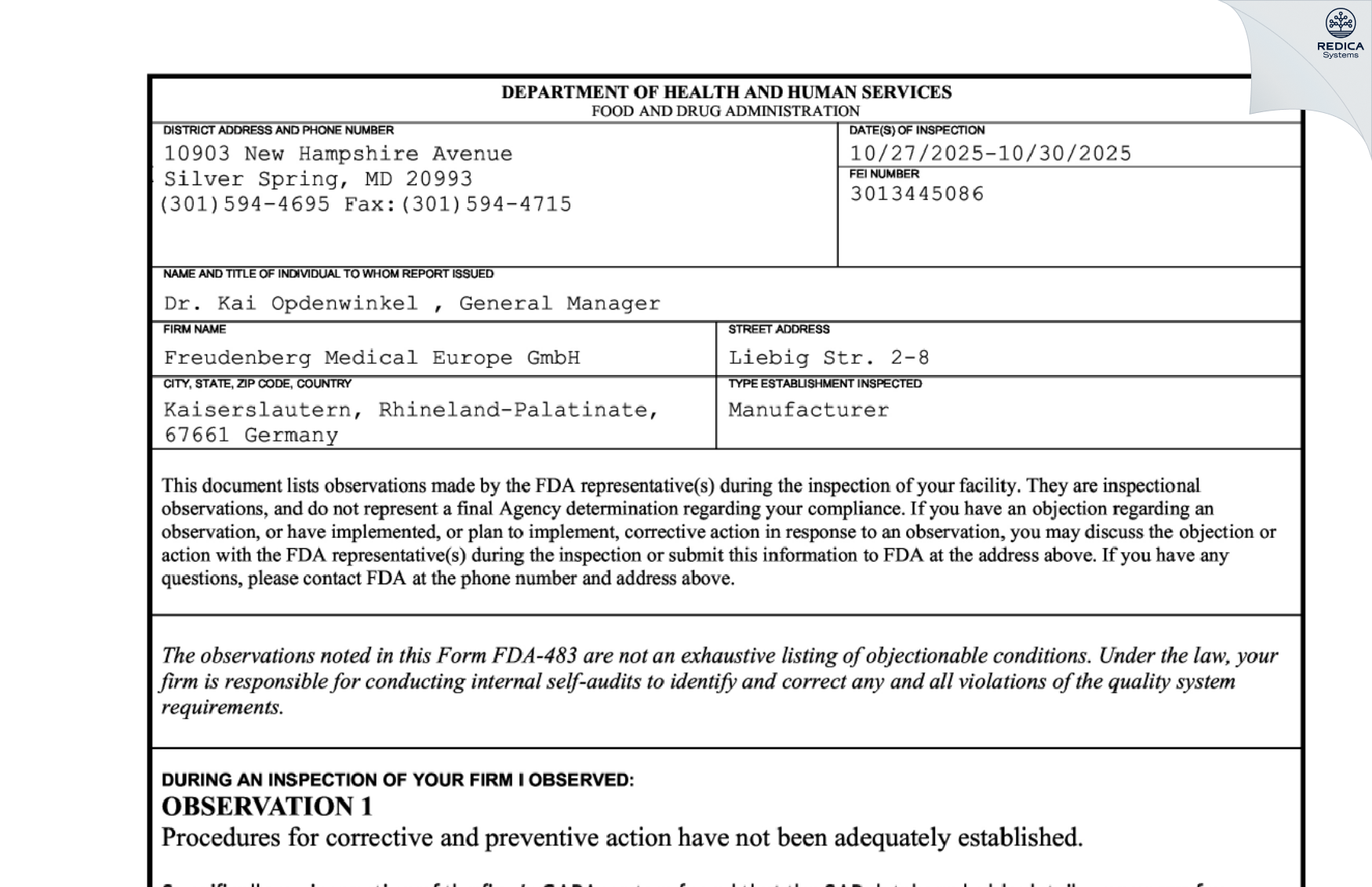 FDA 483 - FREUDENBERG MEDICAL EUROPE GMBH [Kaiserslautern / Germany] - Download PDF - Redica Systems
