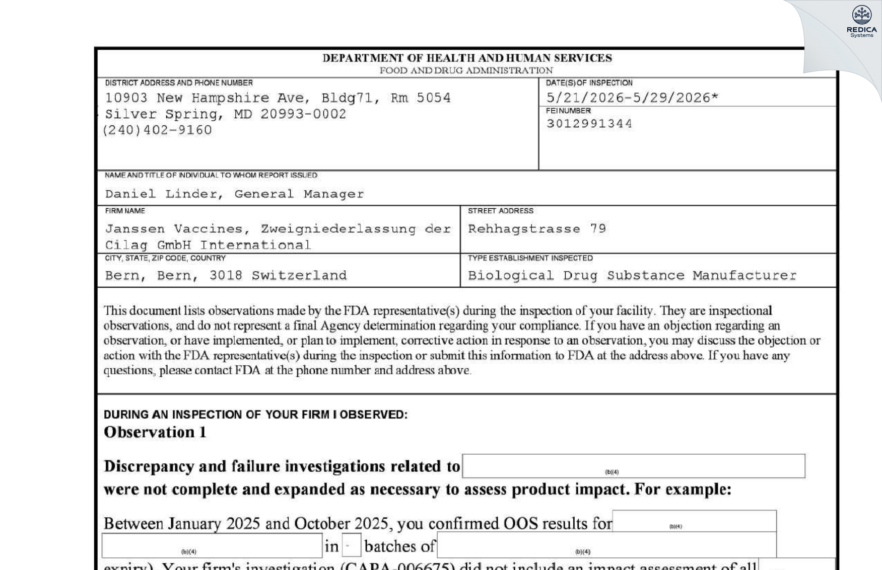 FDA 483 - FREUDENBERG MEDICAL EUROPE GMBH [Kaiserslautern / Germany] - Download PDF - Redica Systems