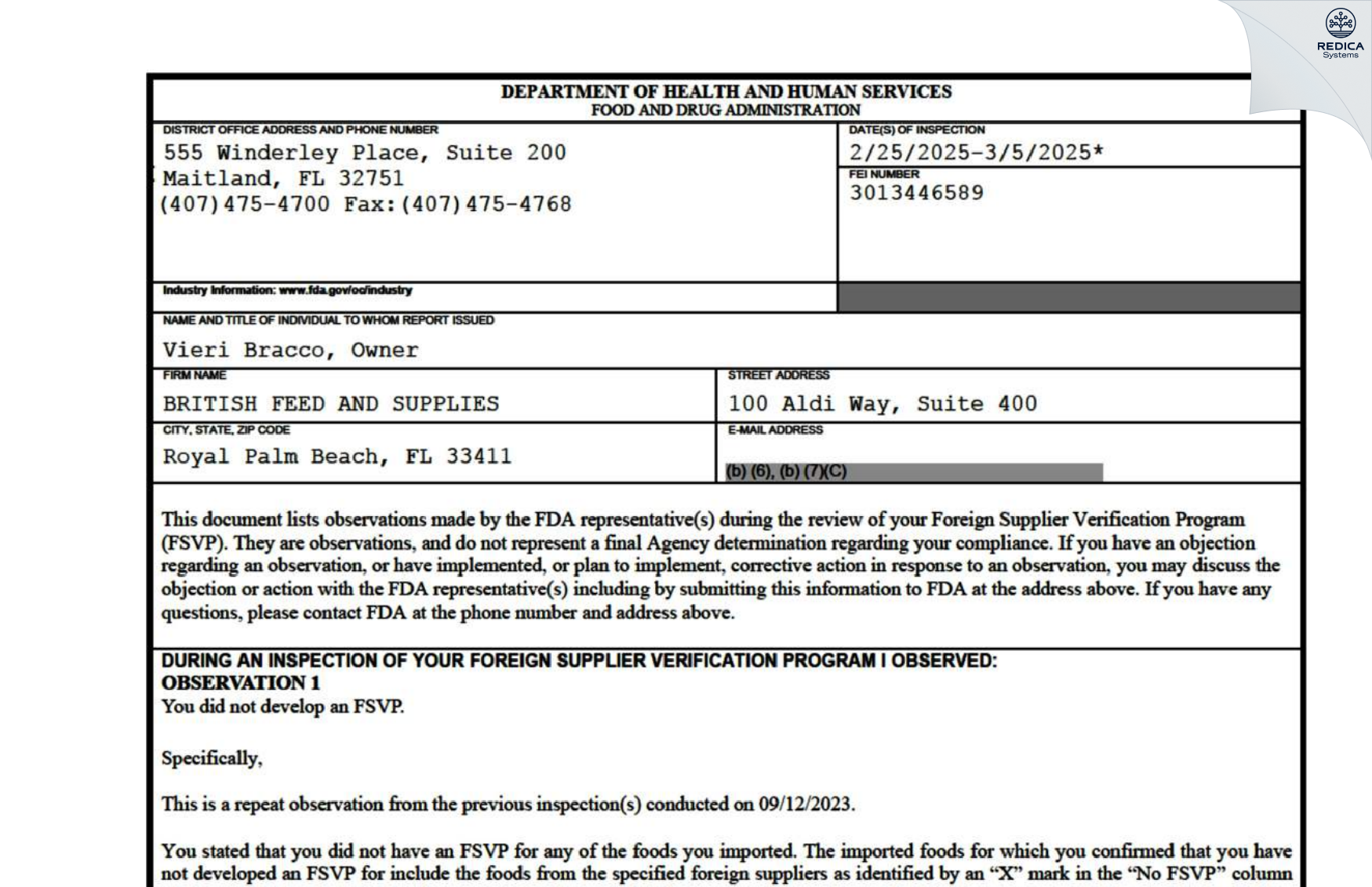 FDA 483 - BRITISH FEED AND SUPPLIES [Loxahatchee / United States of America] - Download PDF - Redica Systems