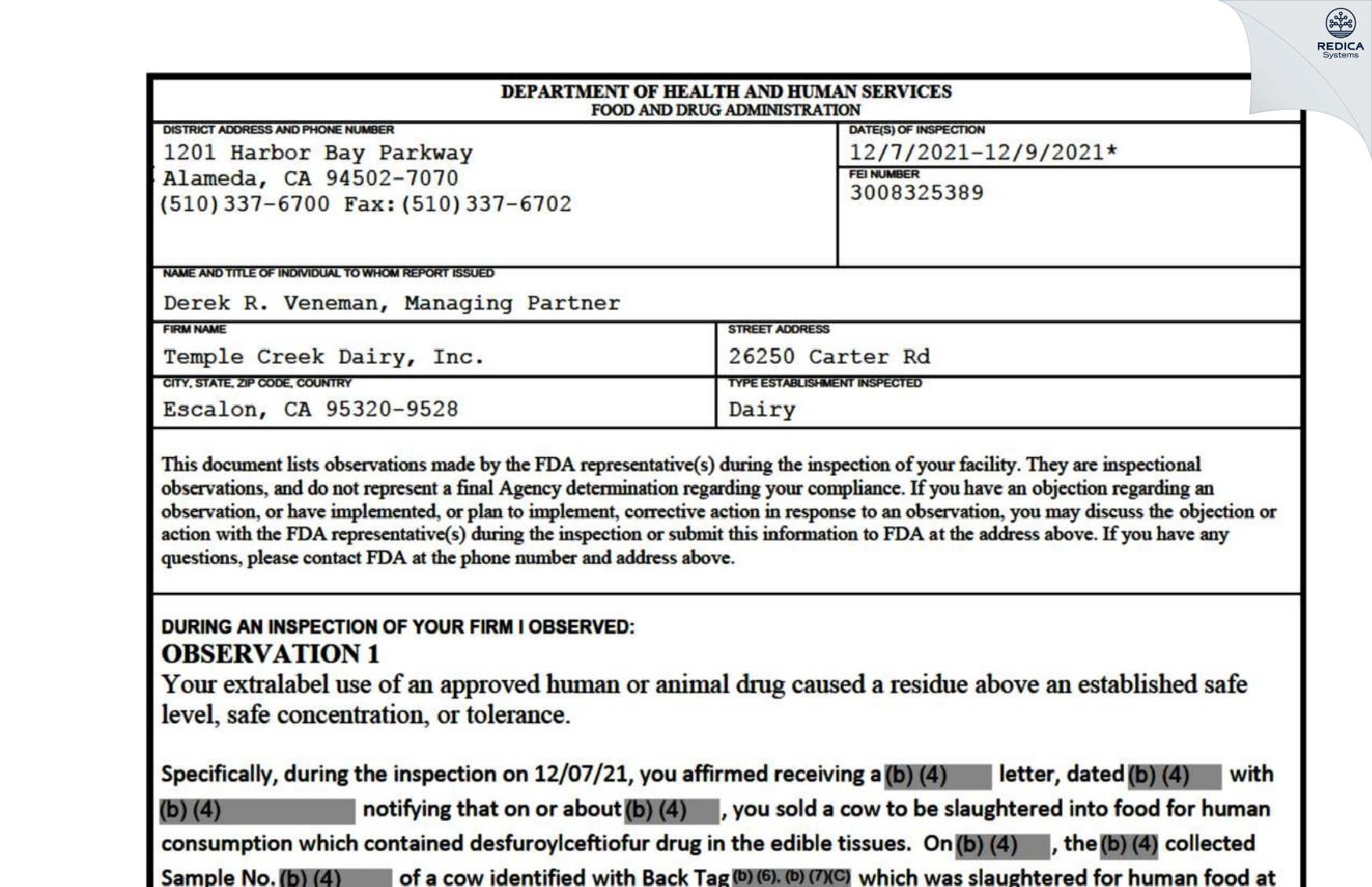 FDA 483 - Temple Creek Dairy, Inc. [Escalon / United States of America] - Download PDF - Redica Systems