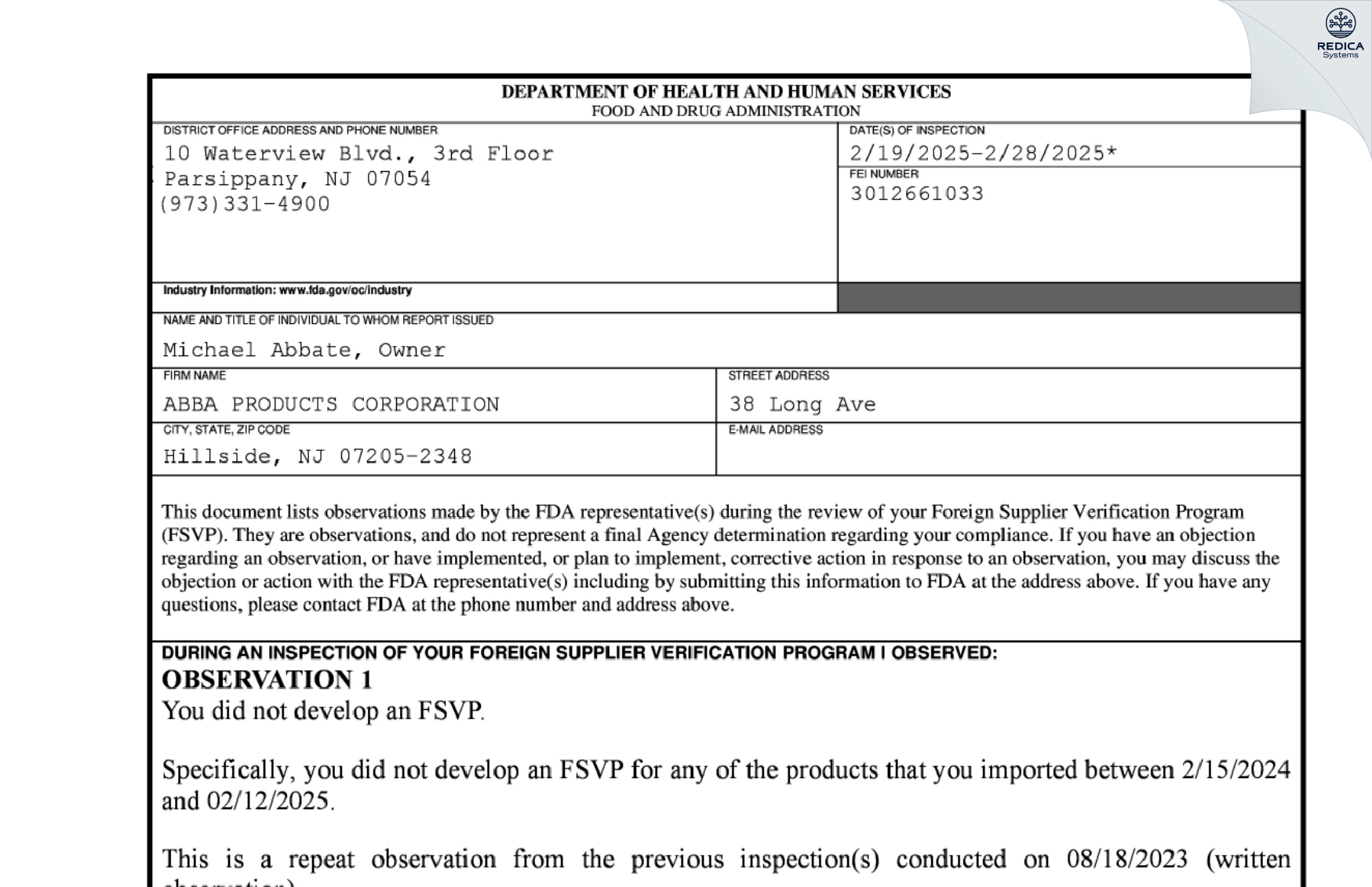FDA 483 - ABBA PRODUCTS CORPORATION [Hillside / United States of America] - Download PDF - Redica Systems