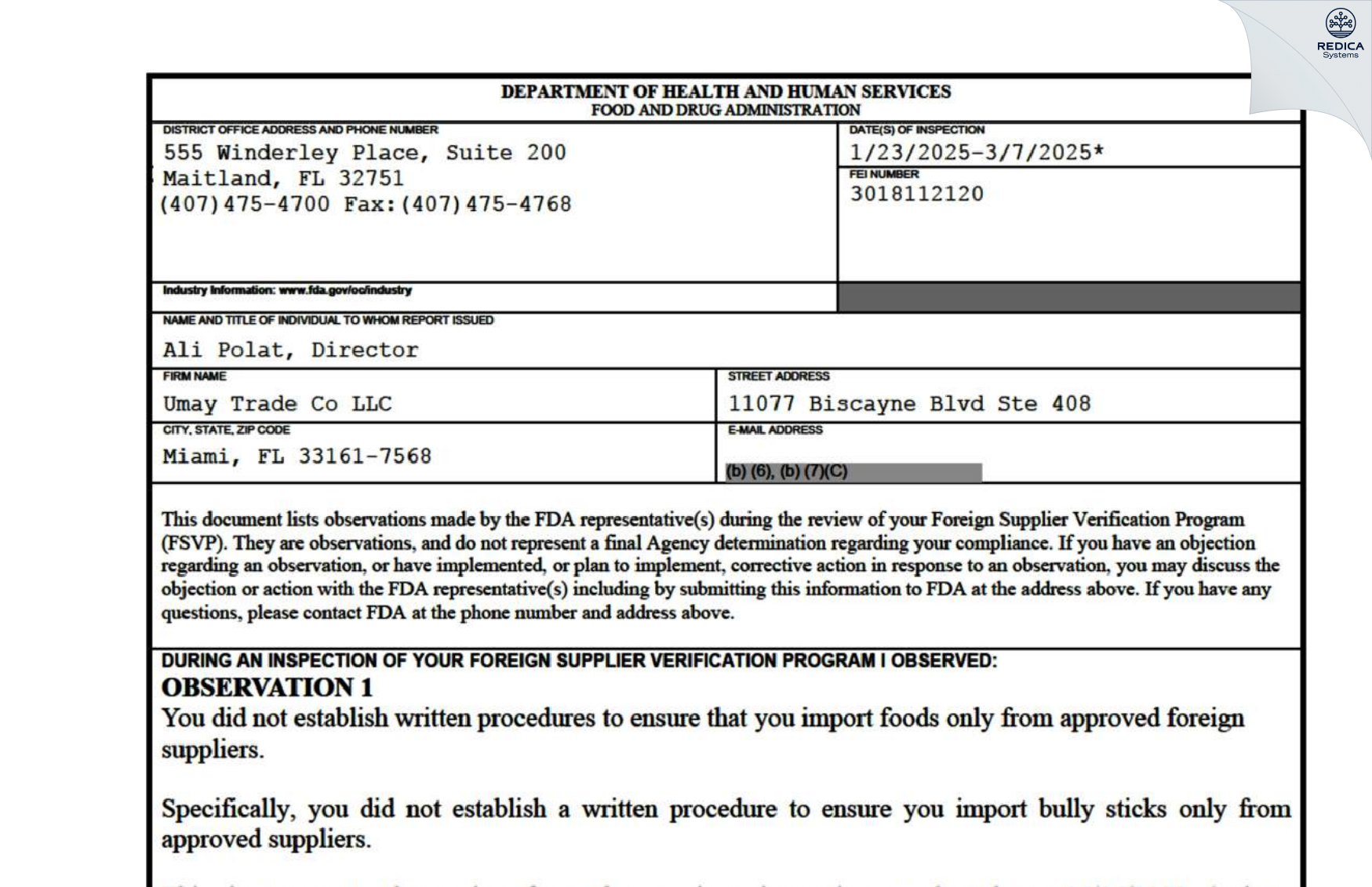FDA 483 - UMAY TRADE CO LLC [Miami / United States of America] - Download PDF - Redica Systems
