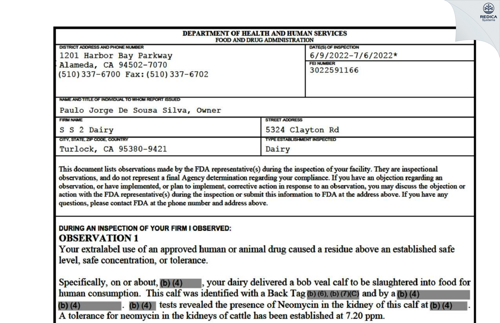 FDA 483 - S S 2 Dairy [Turlock / United States of America] - Download PDF - Redica Systems