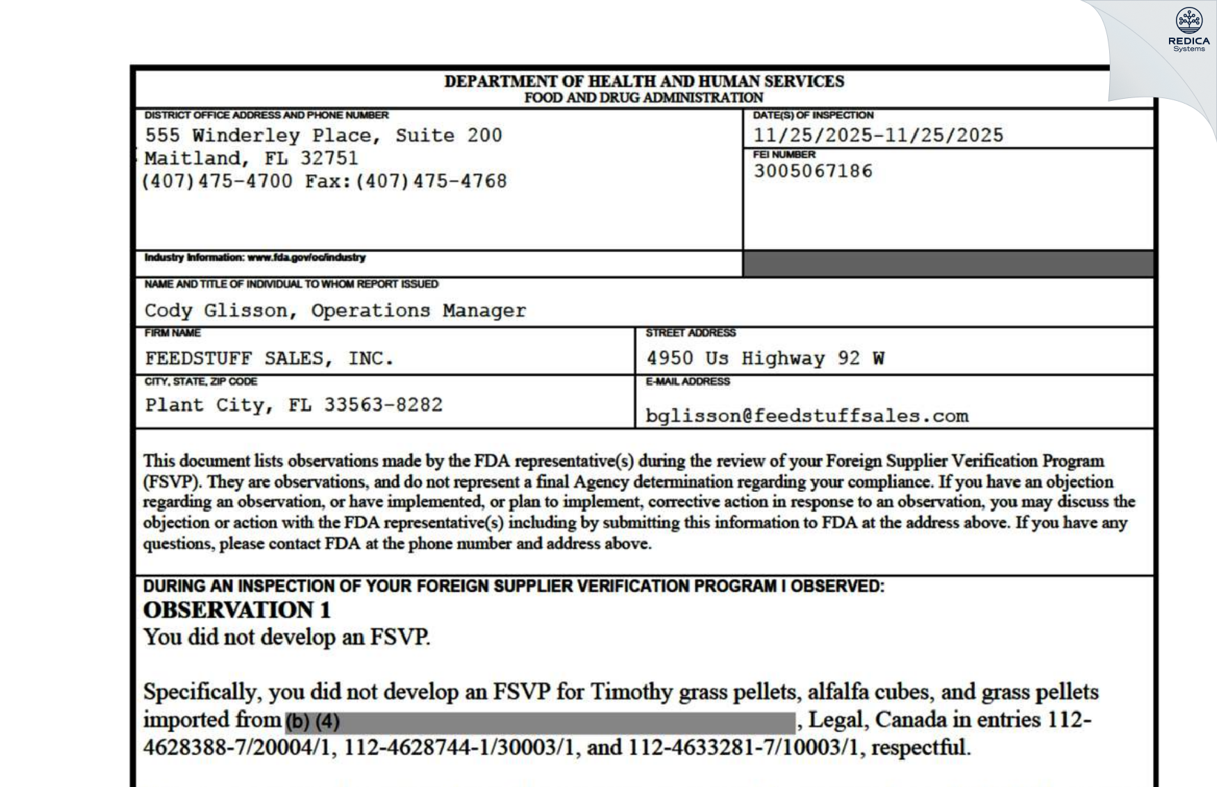 FDA 483 - FEEDSTUFF SALES, INC. [Plant City / United States of America] - Download PDF - Redica Systems