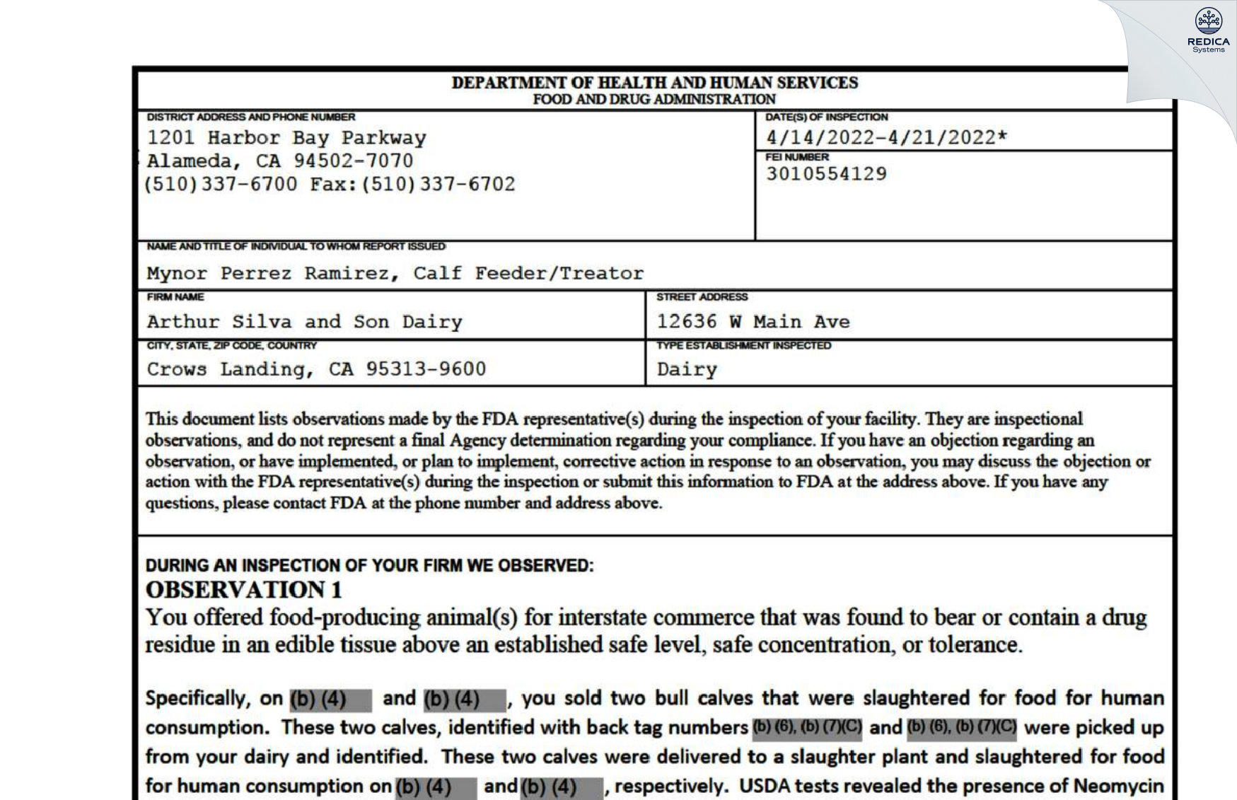 FDA 483 - Pigeon Feeds Inc. [Bronx / United States of America] - Download PDF - Redica Systems