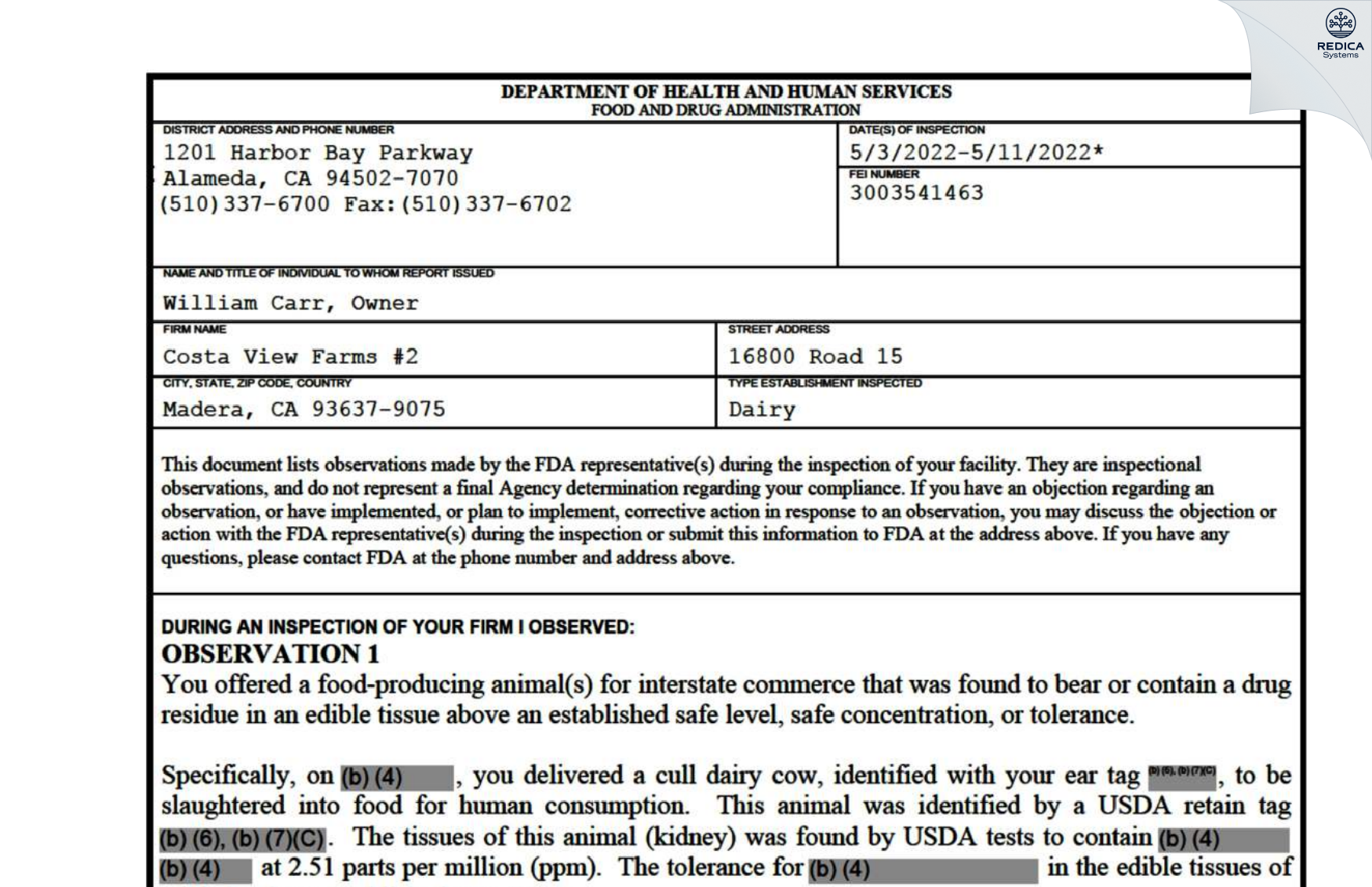FDA 483 - Costa View Farms #2 [Madera / United States of America] - Download PDF - Redica Systems