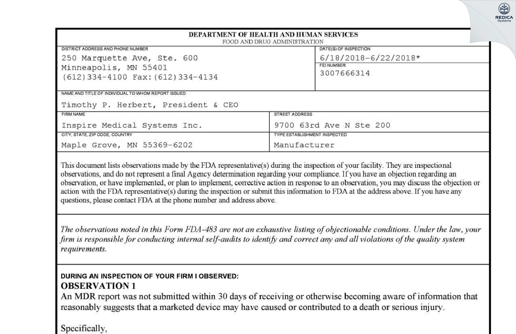 FDA 483 - Inspire Medical Systems Inc. [Minneapolis / United States of America] - Download PDF - Redica Systems