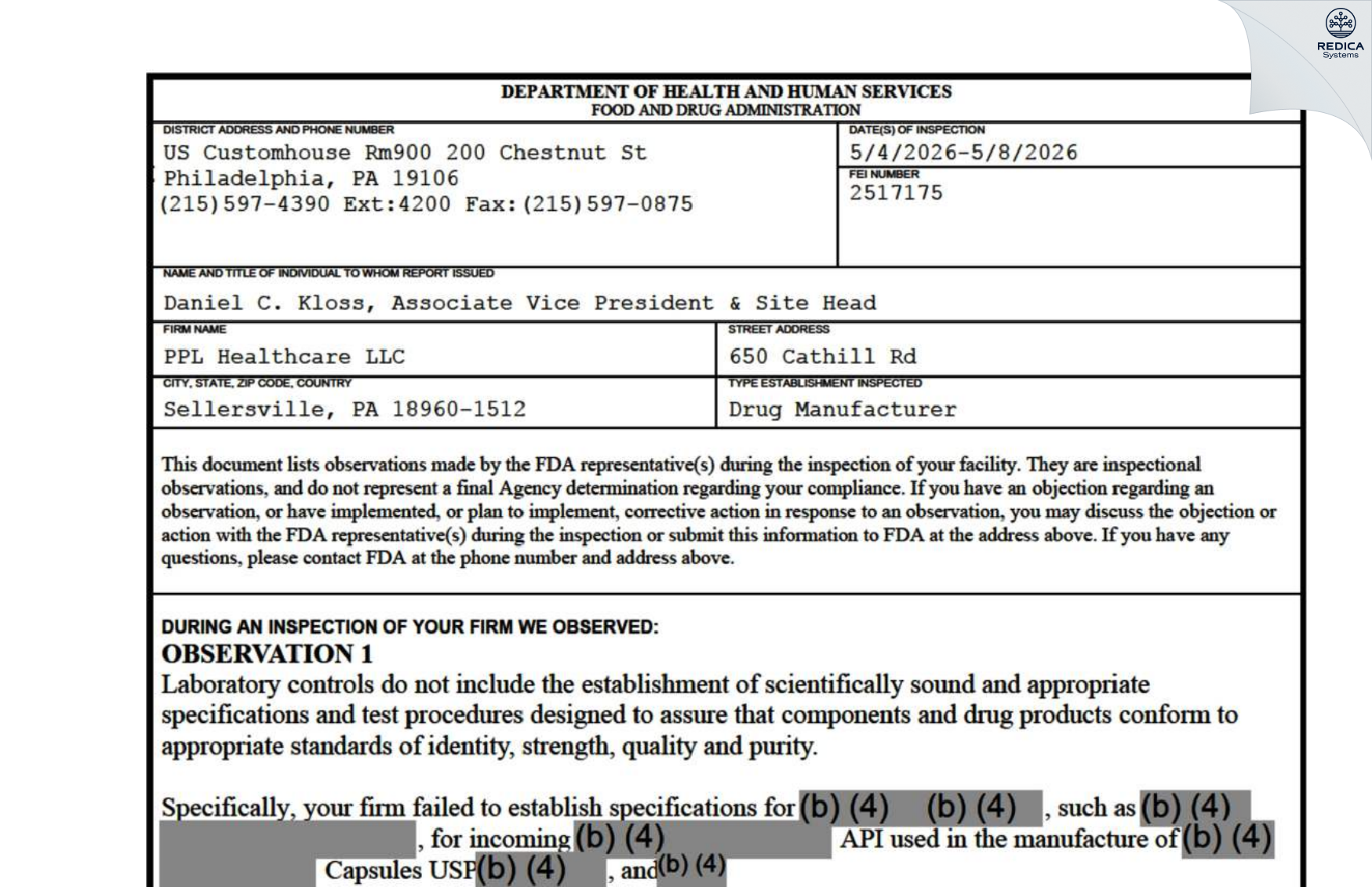 FDA 483 - PEL HEALTHCARE LLC [Sellersville / United States of America] - Download PDF - Redica Systems