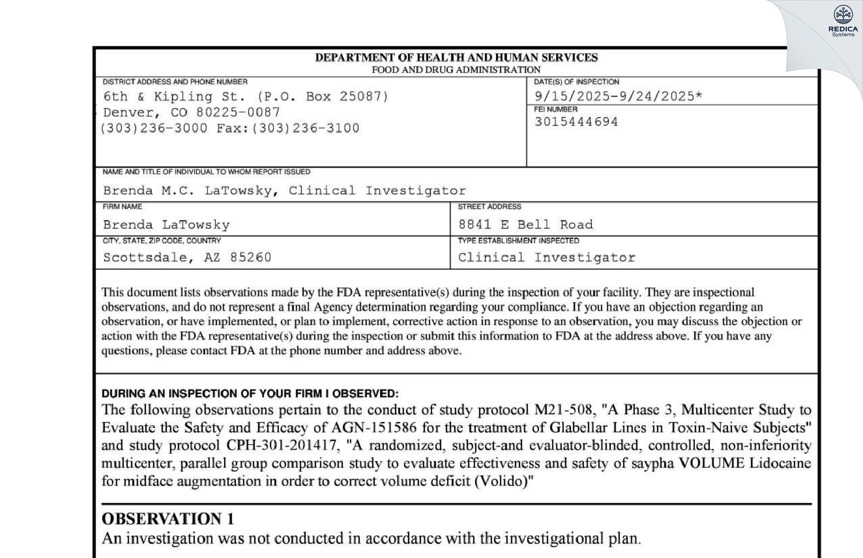 FDA 483 - Brenda LaTowsky [Scottsdale / United States of America] - Download PDF - Redica Systems