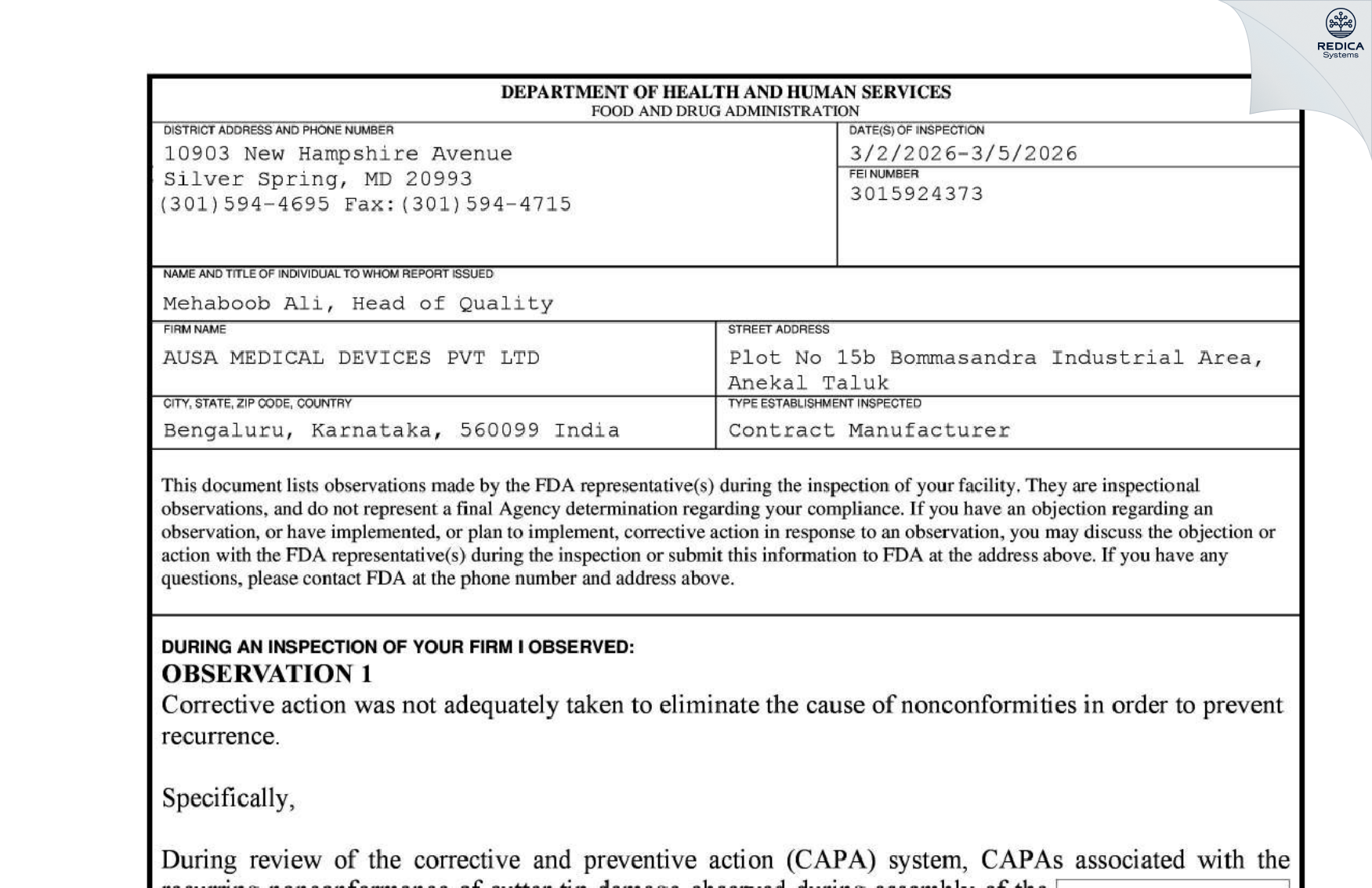 FDA 483 - AUSA MEDICAL DEVICES PVT LTD [Bengaluru / India] - Download PDF - Redica Systems