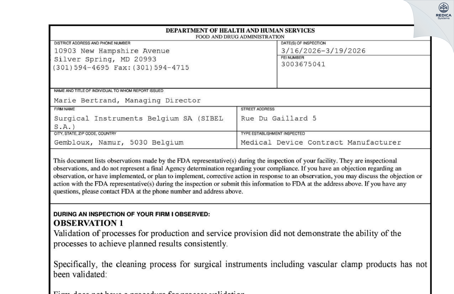 FDA 483 - Surgical Instruments Belgium SA (SIBEL S.A.) [Gembloux / Belgium] - Download PDF - Redica Systems