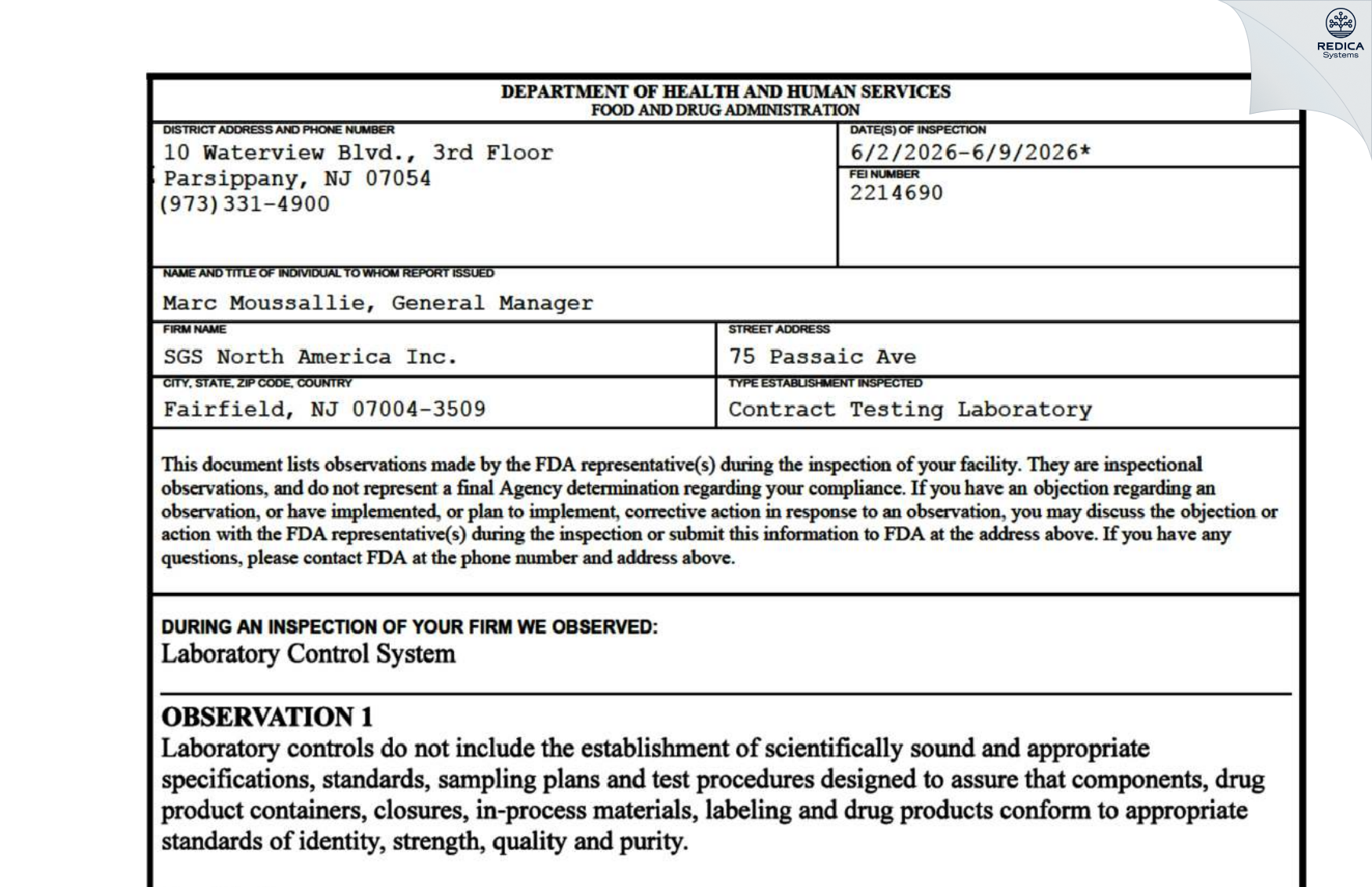 FDA 483 - SGS North America Inc. [Fairfield / United States of America] - Download PDF - Redica Systems