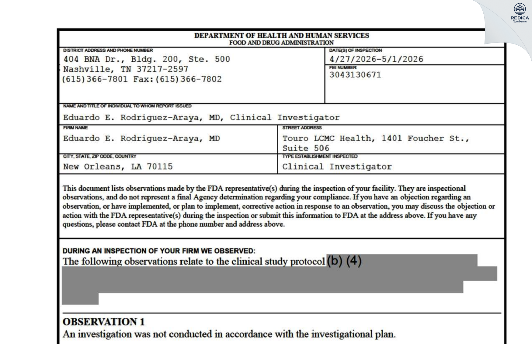 FDA 483 - Eduardo E. Rodriguez-Araya, MD [New Orleans / United States of America] - Download PDF - Redica Systems