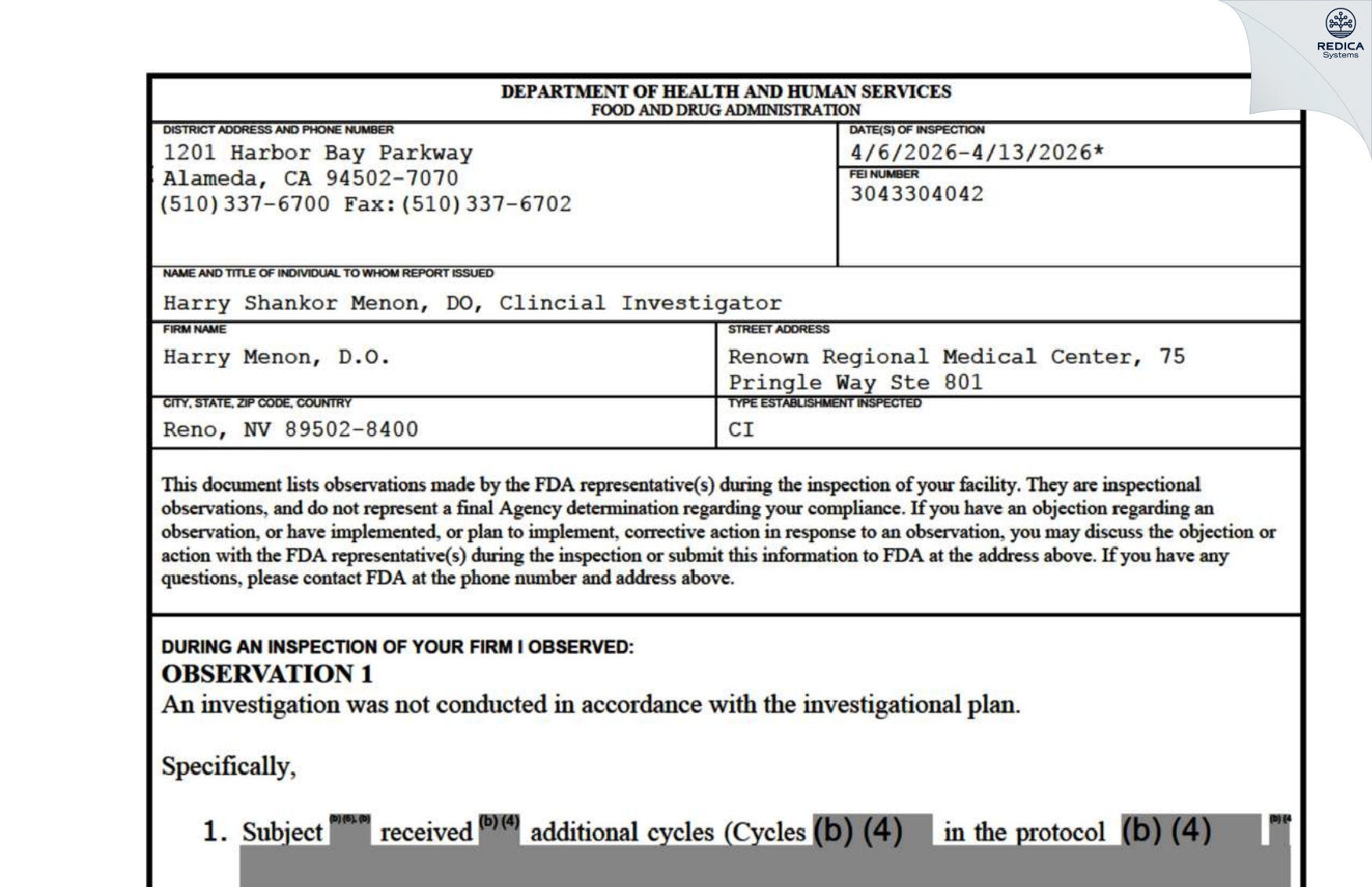 FDA 483 - Harry S. Menon, D.O. [Reno / United States of America] - Download PDF - Redica Systems
