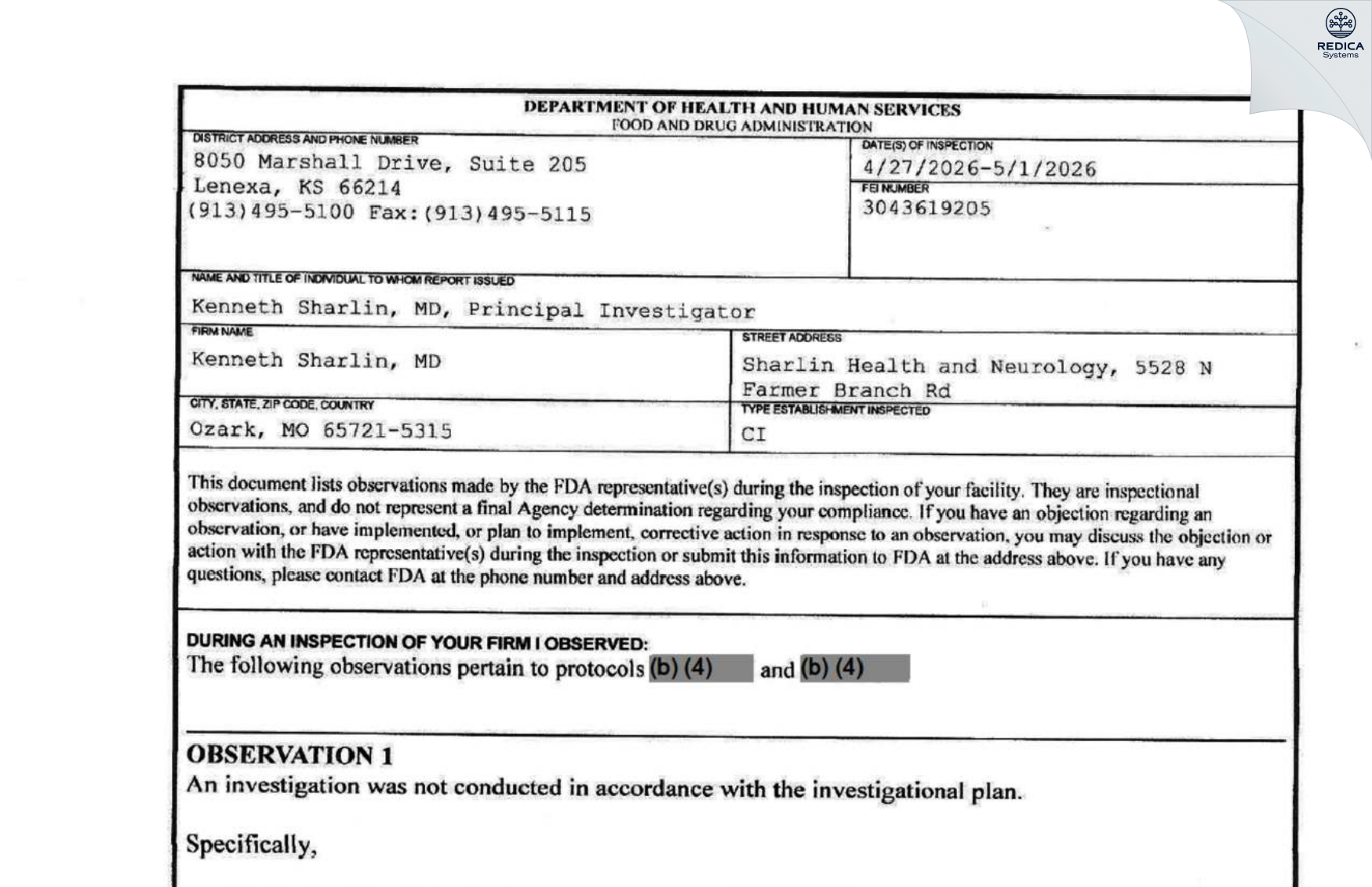 FDA 483 - Kenneth Sharlin, MD [Ozark / United States of America] - Download PDF - Redica Systems