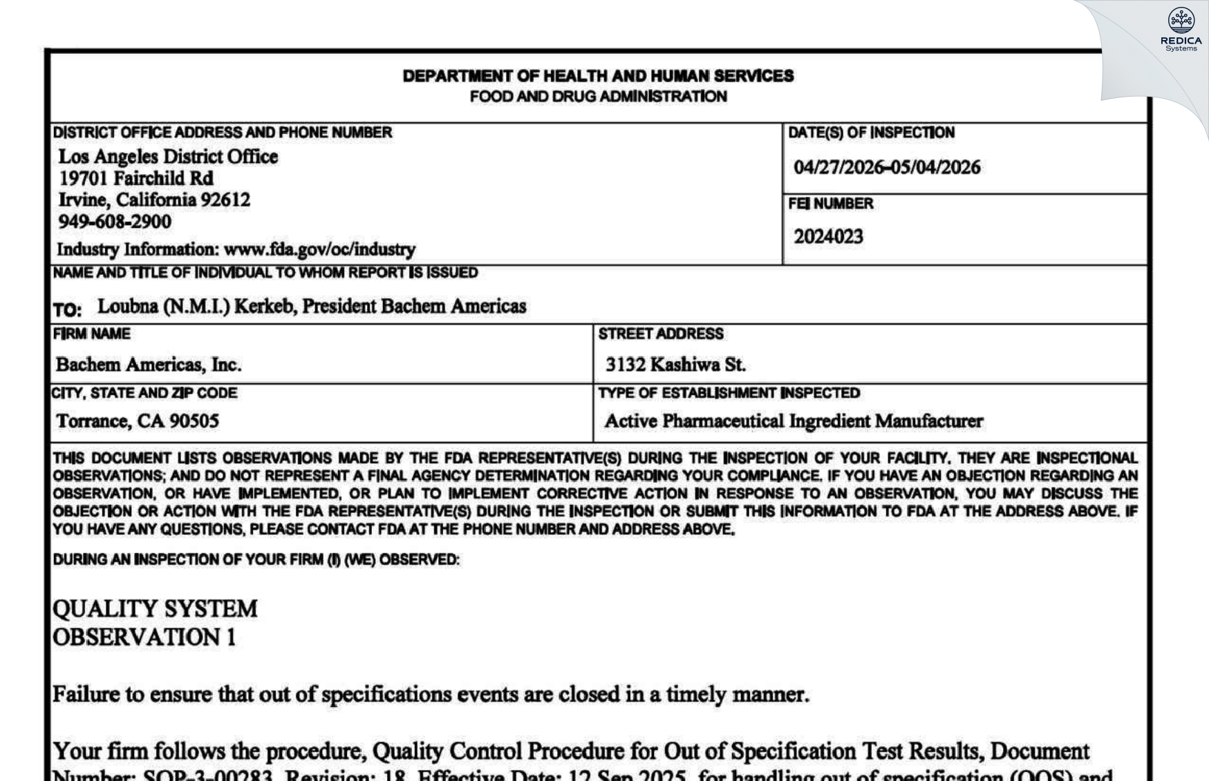 FDA 483 - Bachem Americas, Inc. [Torrance / United States of America] - Download PDF - Redica Systems