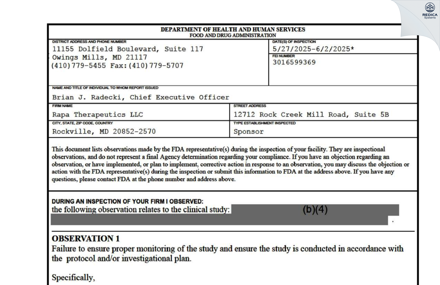 FDA 483 - Rapa Therapeutics LLC [Rockville / United States of America] - Download PDF - Redica Systems