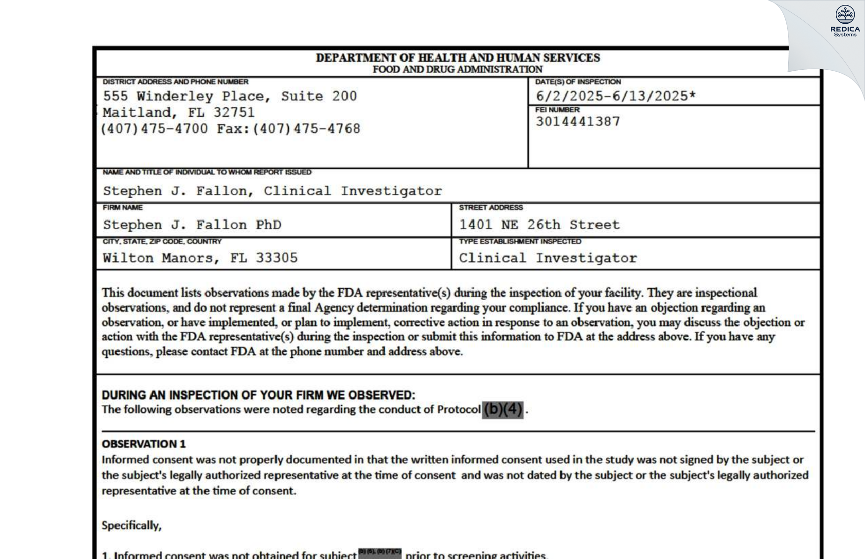 FDA 483 - Stephen Fallon PhD [Wilton Manors / United States of America] - Download PDF - Redica Systems