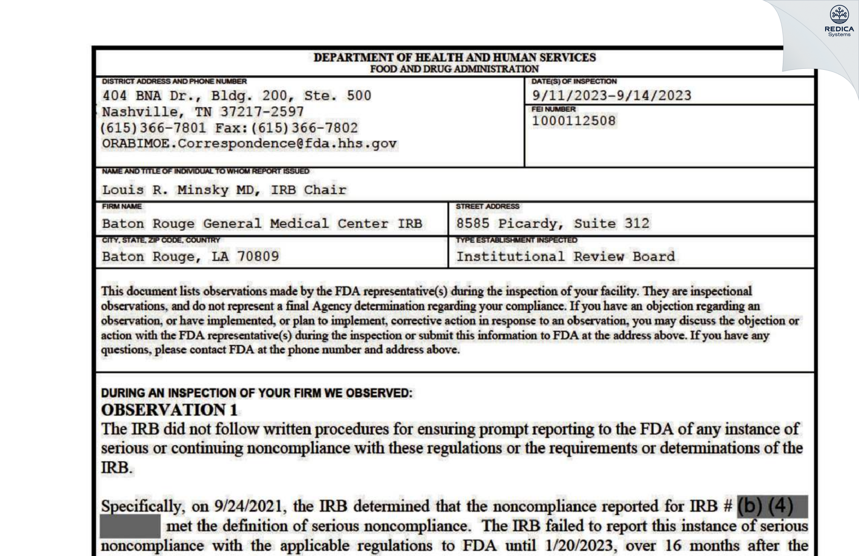 FDA 483 - Baton Rouge General Medical Center IRB [Baton Rouge / United States of America] - Download PDF - Redica Systems