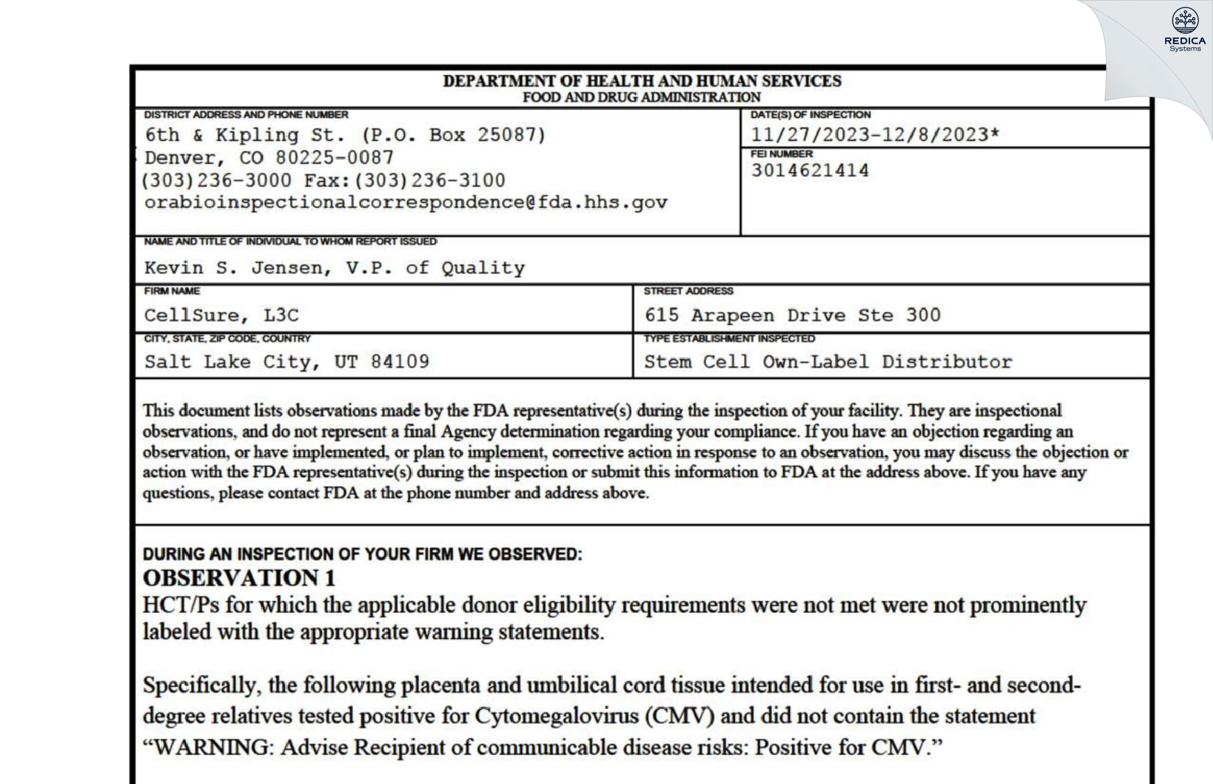 FDA 483 - CellSure, L3C [Salt Lake City / United States of America] - Download PDF - Redica Systems