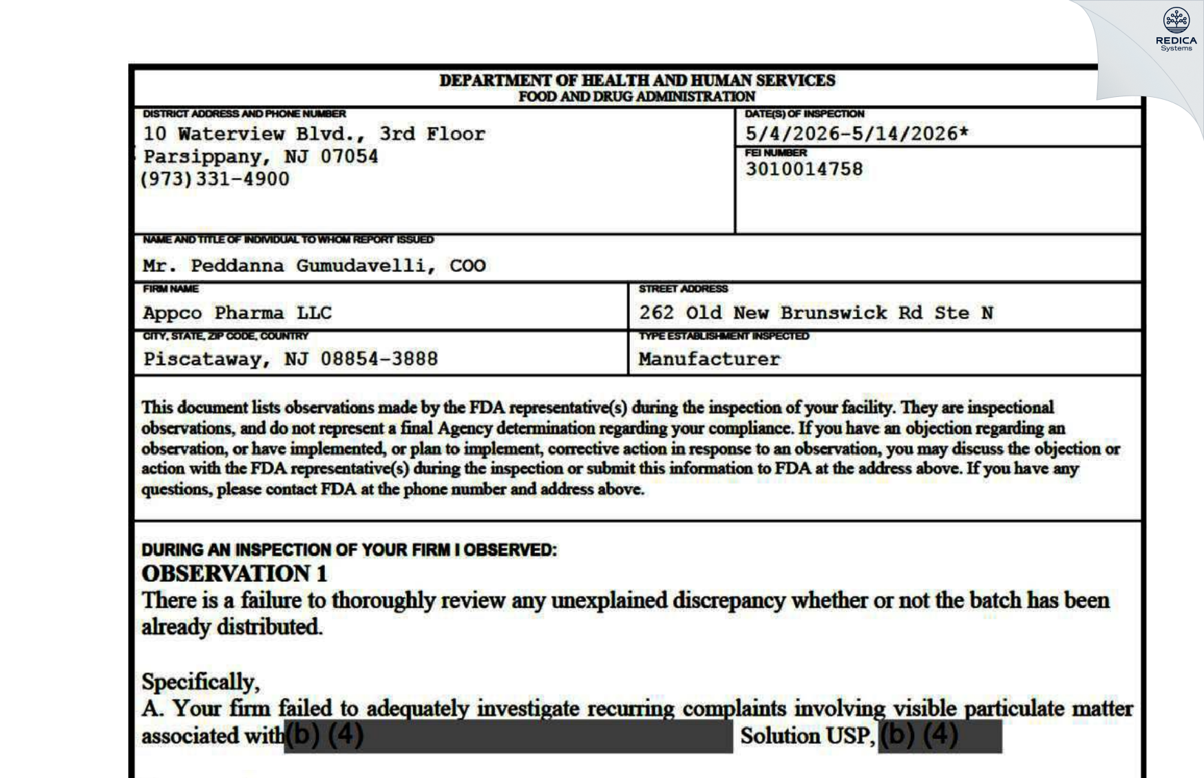 FDA 483 - APPCO PHARMA LLC [Piscataway / United States of America] - Download PDF - Redica Systems
