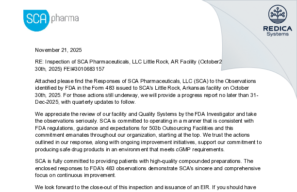 FDA 483 Response - SCA Pharmaceuticals, Inc. [Little Rock / United States of America] - Download PDF - Redica Systems