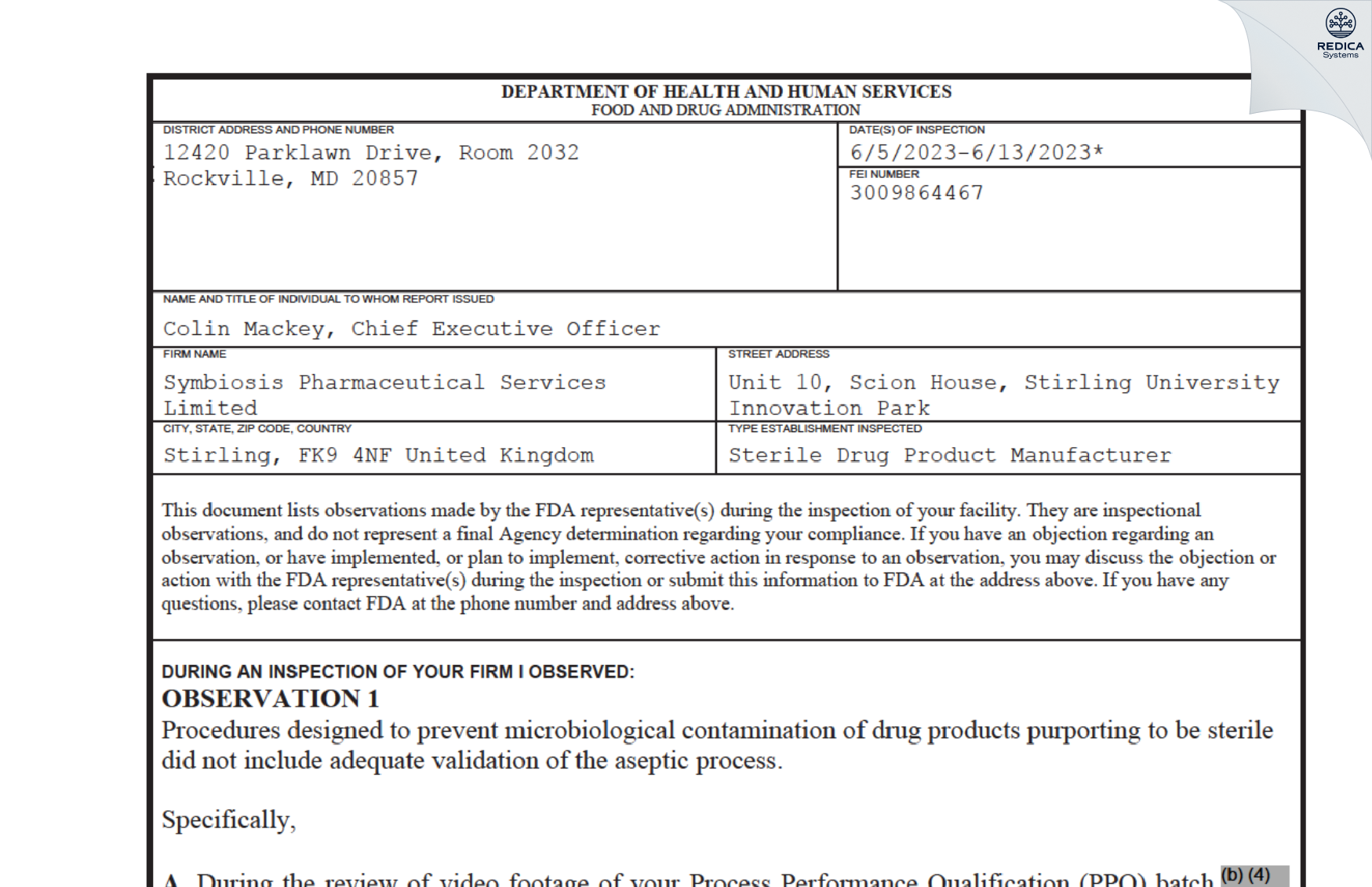 FDA 483 - Symbiosis Pharmaceutical Services Limited [Stirling / United Kingdom of Great Britain and Northern Ireland] - Download PDF - Redica Systems