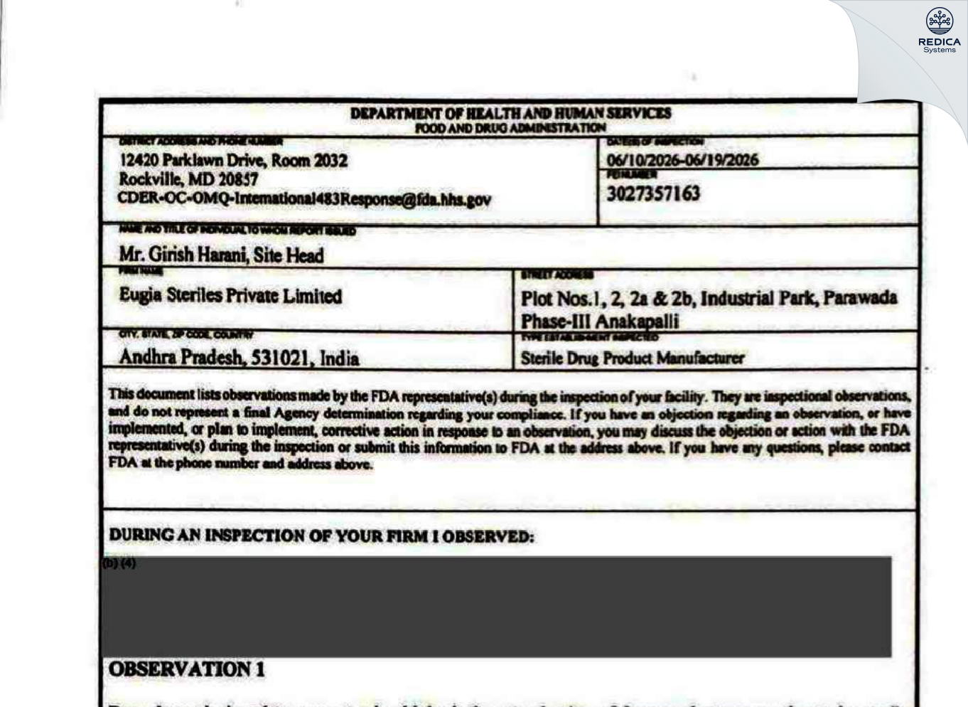 FDA 483 - Eugia Steriles Private Limited [Paravada / India] - Download PDF - Redica Systems