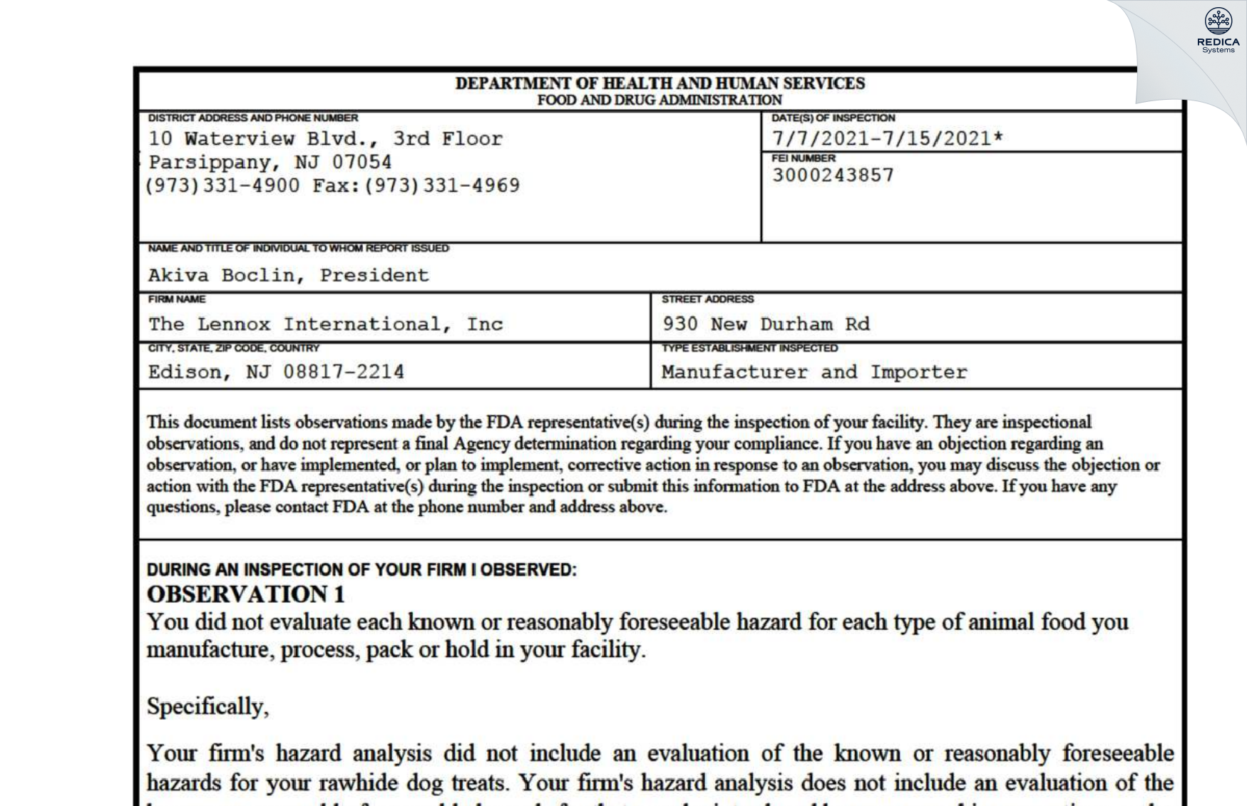 FDA 483 - The Lennox International, Inc [Somerset / United States of America] - Download PDF - Redica Systems