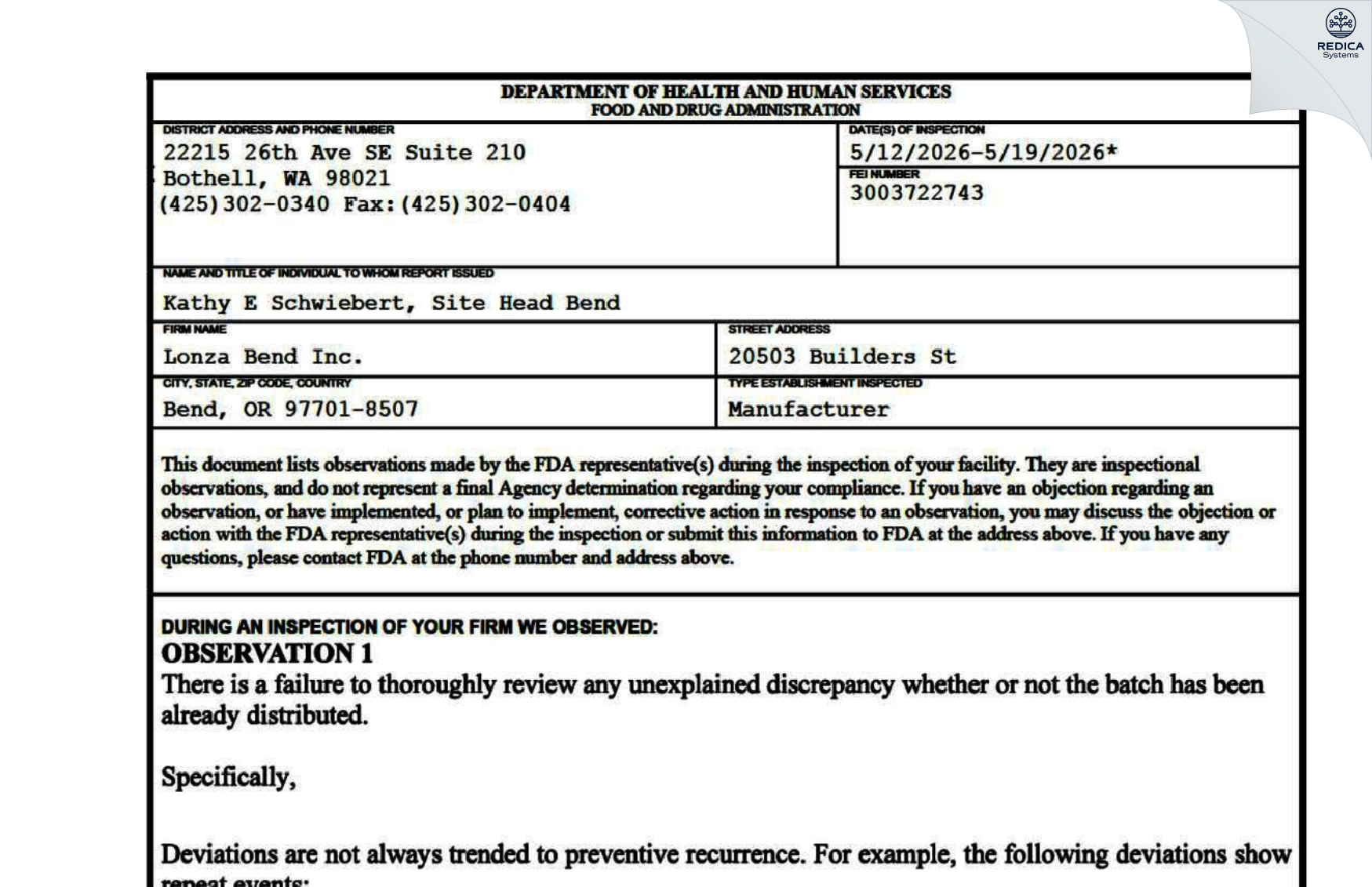 FDA 483 - Lonza Bend Inc. [Bend / United States of America] - Download PDF - Redica Systems