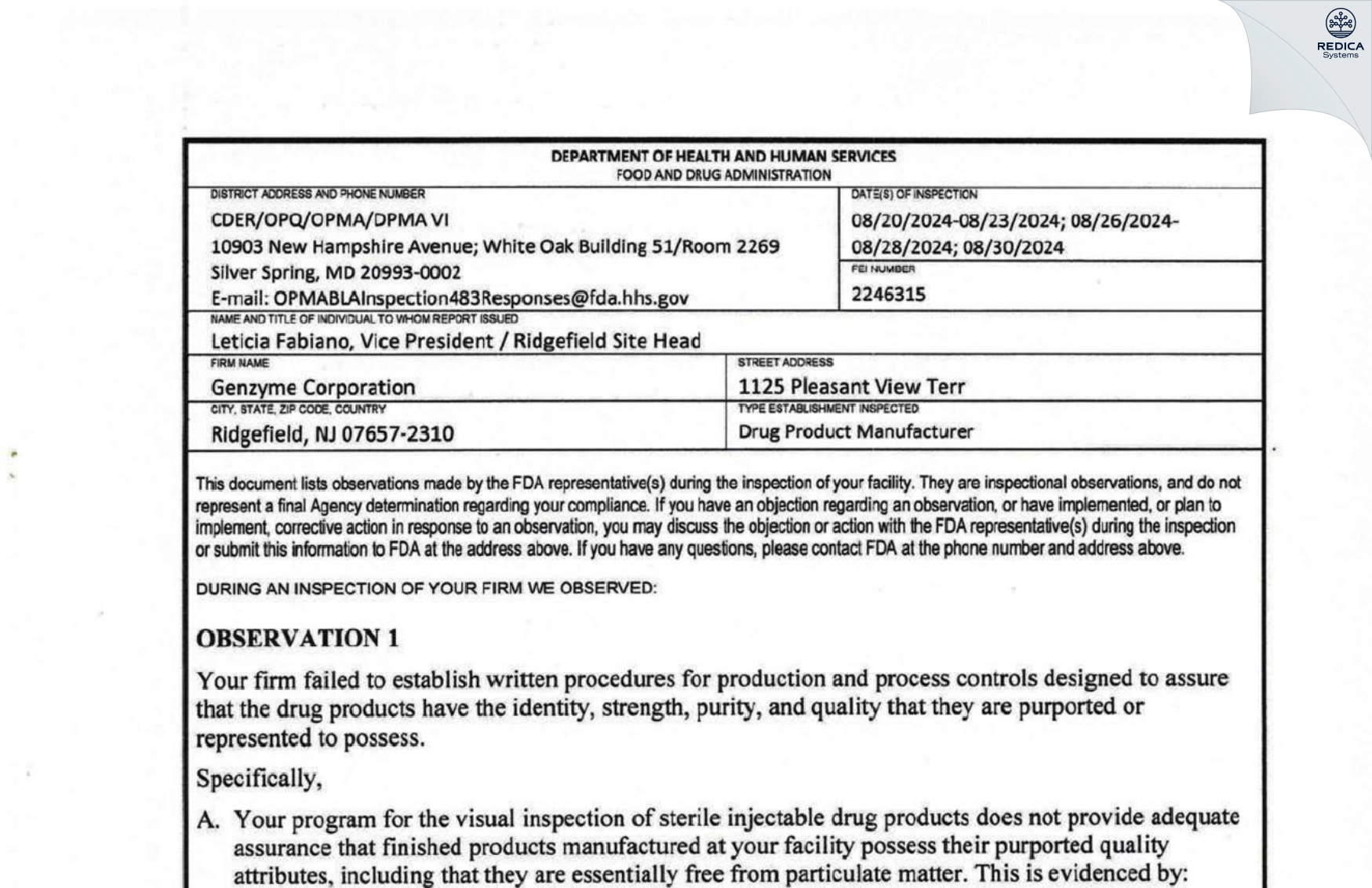 FDA 483 - Genzyme Corporation [Ridgefield / United States of America] - Download PDF - Redica Systems