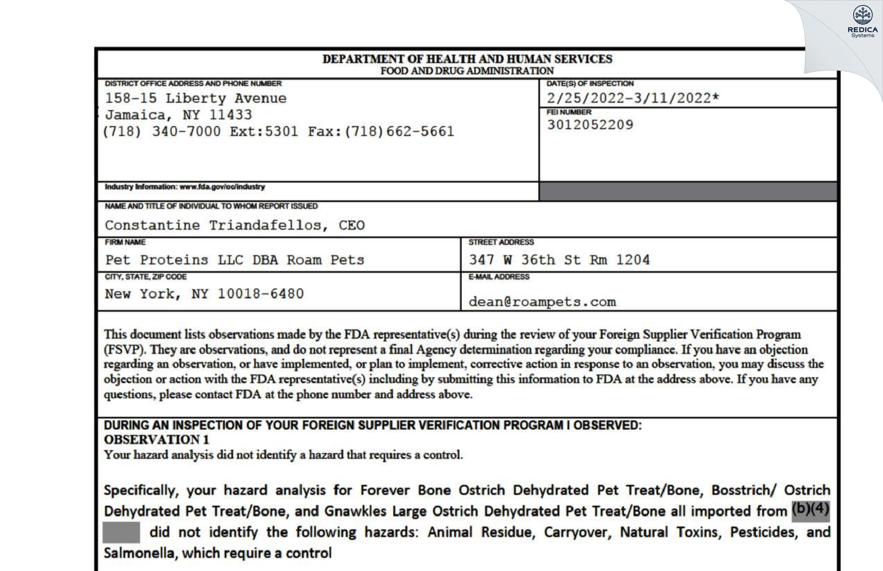 FDA 483 - Pet Proteins LLC DBA Roam Pets [Long Branch / United States of America] - Download PDF - Redica Systems