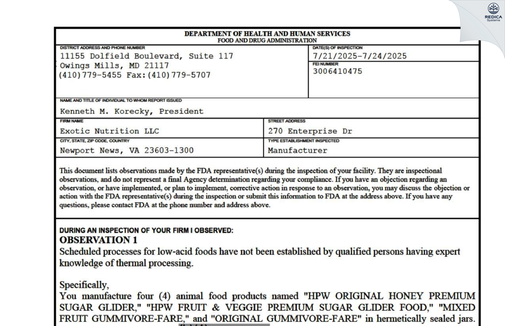 FDA 483 - Exotic Nutrition LLC [Newport News / United States of America] - Download PDF - Redica Systems