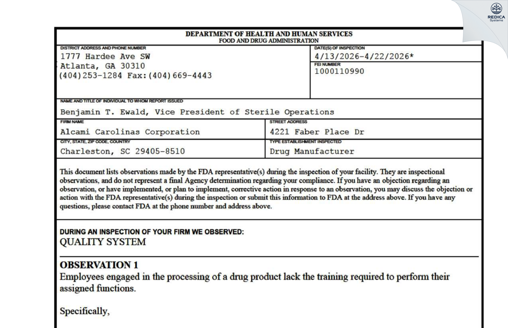 FDA 483 - Alcami Carolinas Corporation [North Charleston / United States of America] - Download PDF - Redica Systems