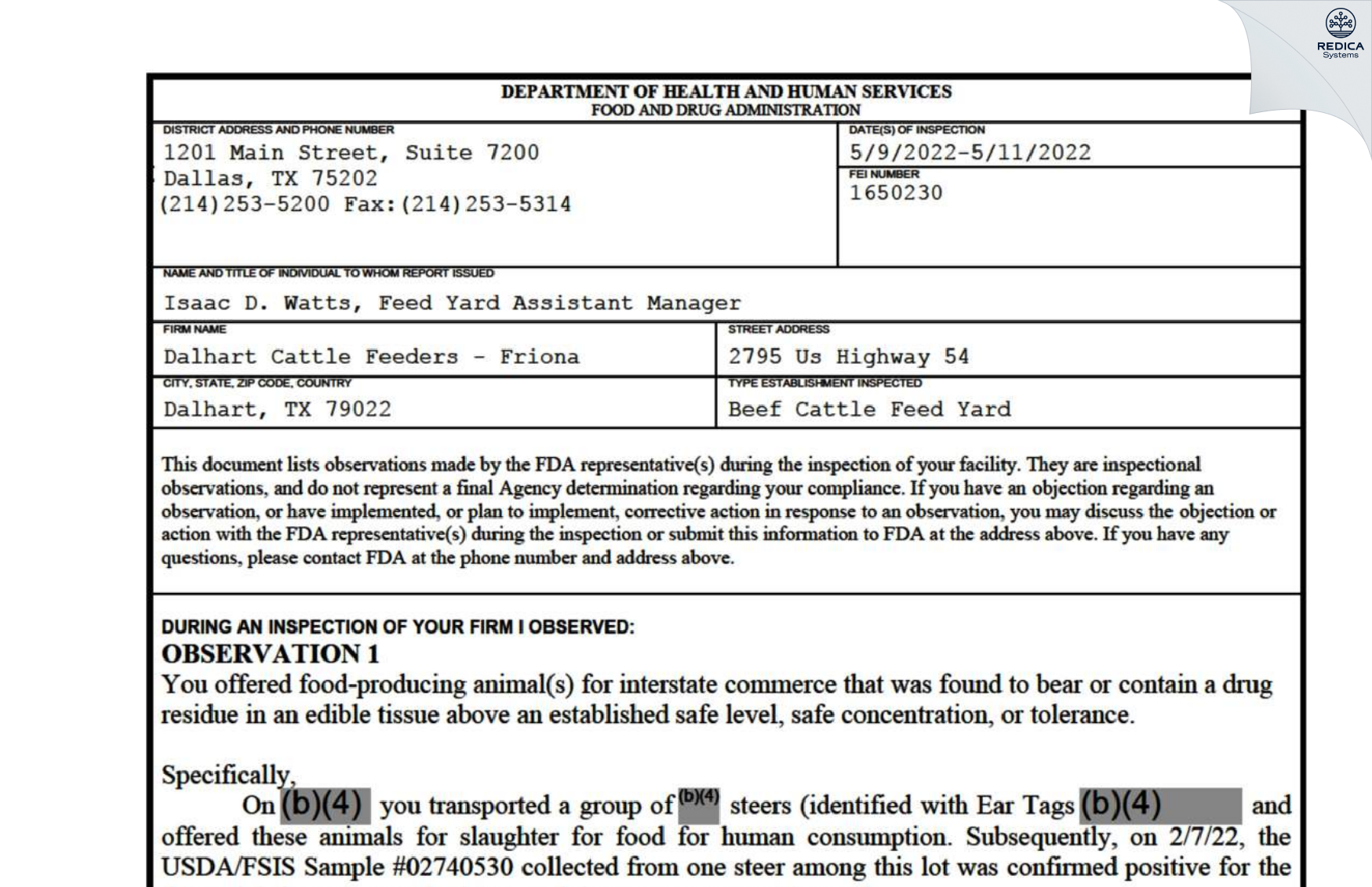 FDA 483 - Dalhart Cattle Feeders - Friona [Dalhart / United States of America] - Download PDF - Redica Systems
