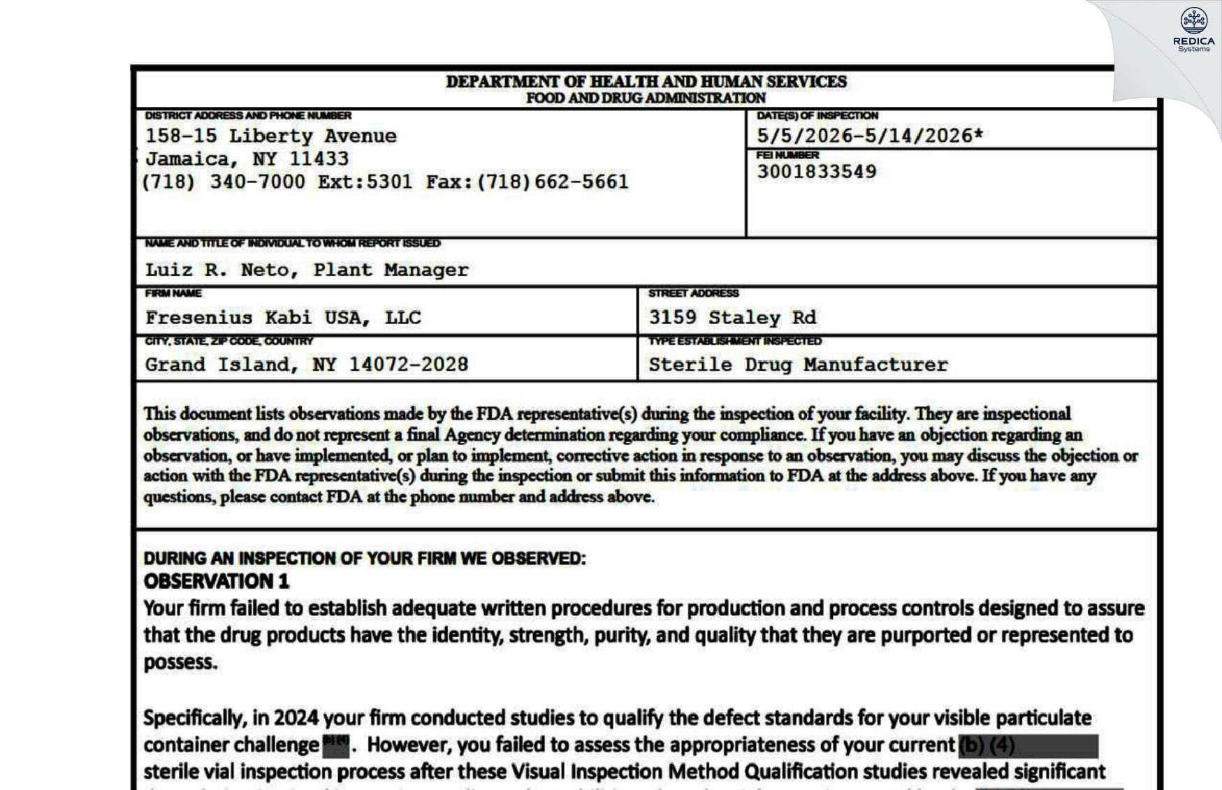 FDA 483 - Fresenius Kabi USA, LLC [Grand Island / United States of America] - Download PDF - Redica Systems