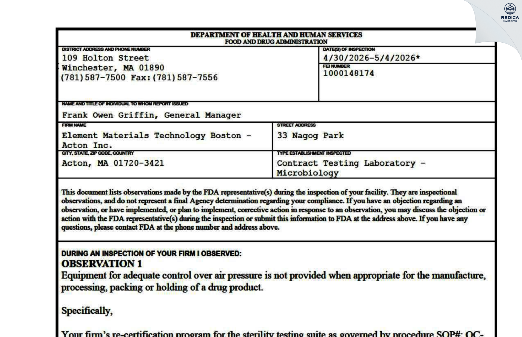 FDA 483 - Element Materials Technology Boston - Acton Inc [Acton / United States of America] - Download PDF - Redica Systems