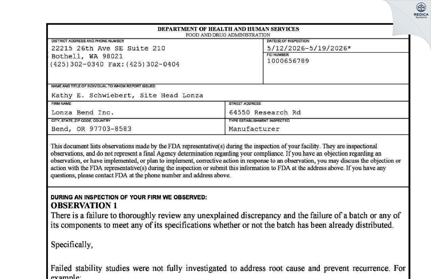 FDA 483 - Lonza Bend Inc. [Bend / United States of America] - Download PDF - Redica Systems