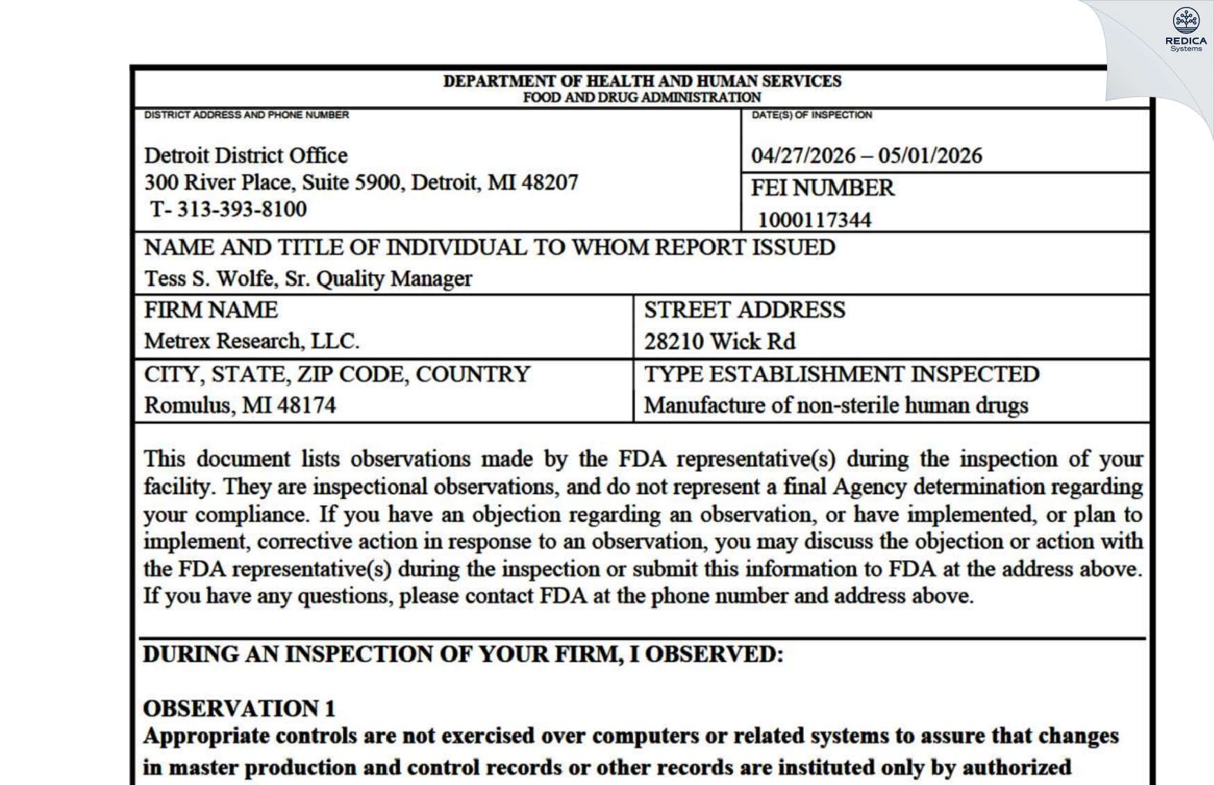 FDA 483 - Metrex Research, LLC [Romulus / United States of America] - Download PDF - Redica Systems