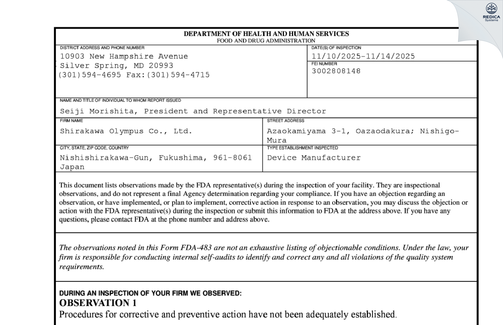 FDA 483 - Shirakawa Olympus Co., Ltd. [Nishishirakawa-Gun / Japan] - Download PDF - Redica Systems