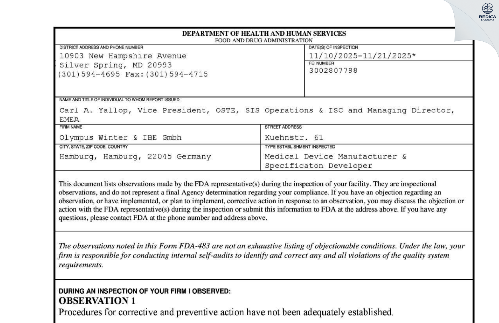 FDA 483 - Olympus Winter & IBE Gmbh [Hamburg / Germany] - Download PDF - Redica Systems
