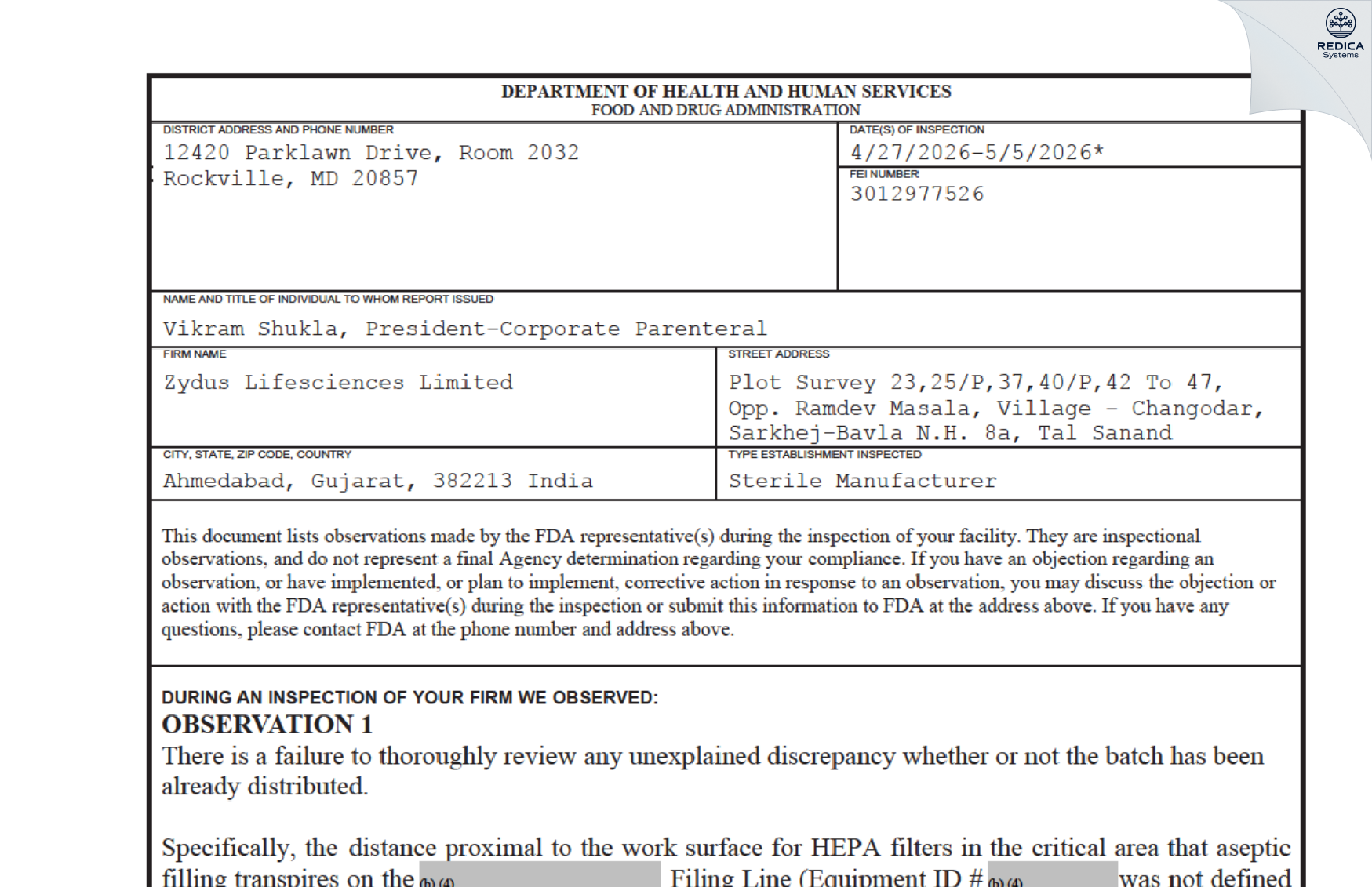 FDA 483 - Zydus Lifesciences Limited [Ahmedabad / India] - Download PDF - Redica Systems