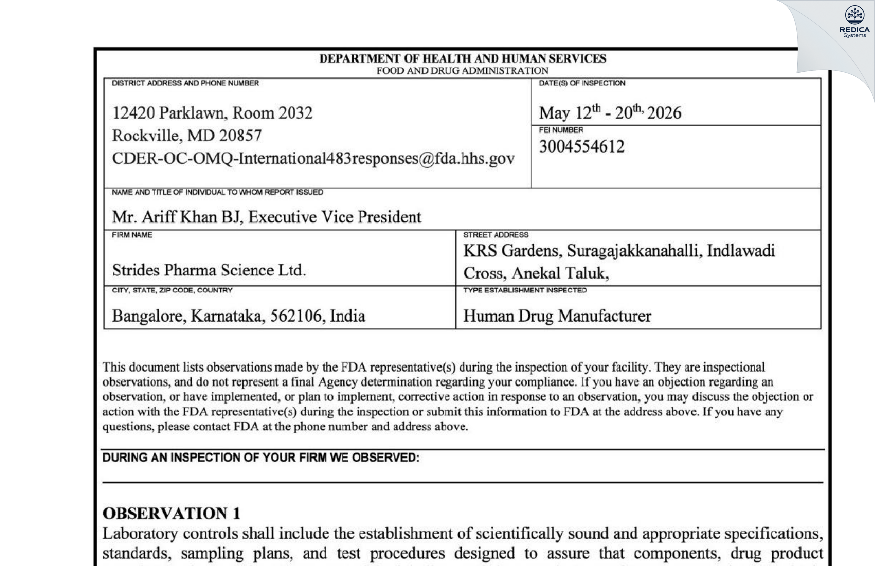 FDA 483 - Strides Pharma Science Limited [Anekal Sub-District / India] - Download PDF - Redica Systems