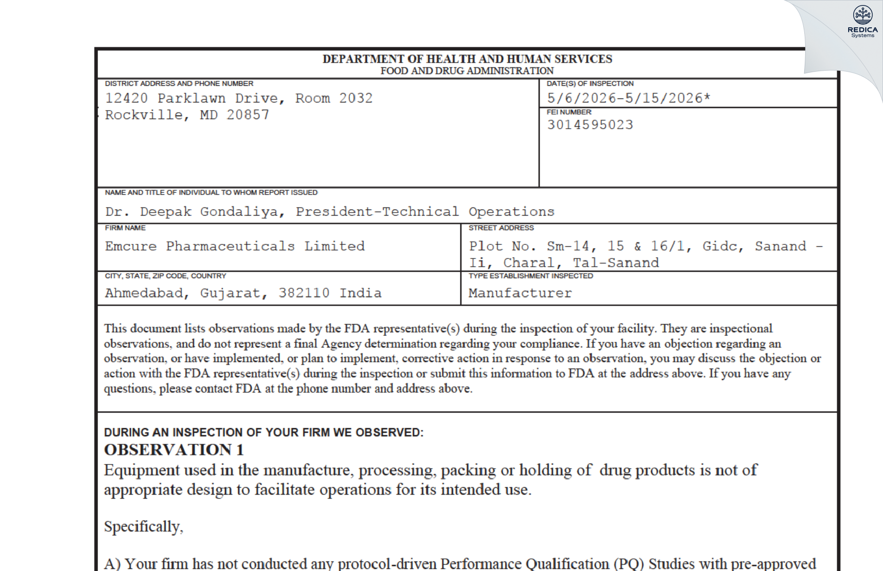 FDA 483 - Emcure Pharmaceuticals Limited [Viramgam / India] - Download PDF - Redica Systems