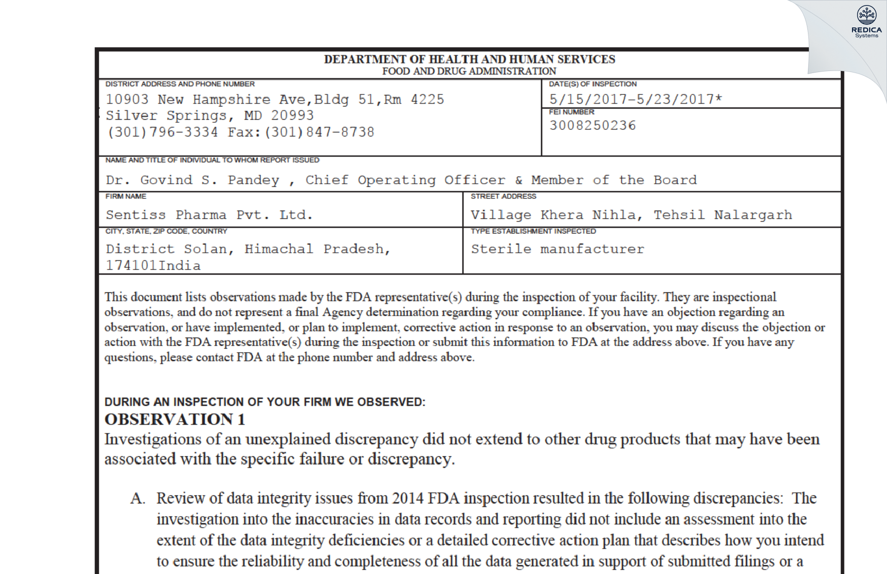 FDA 483 - Sentiss Pharma Private Limited [Nalagarh / India] - Download PDF - Redica Systems